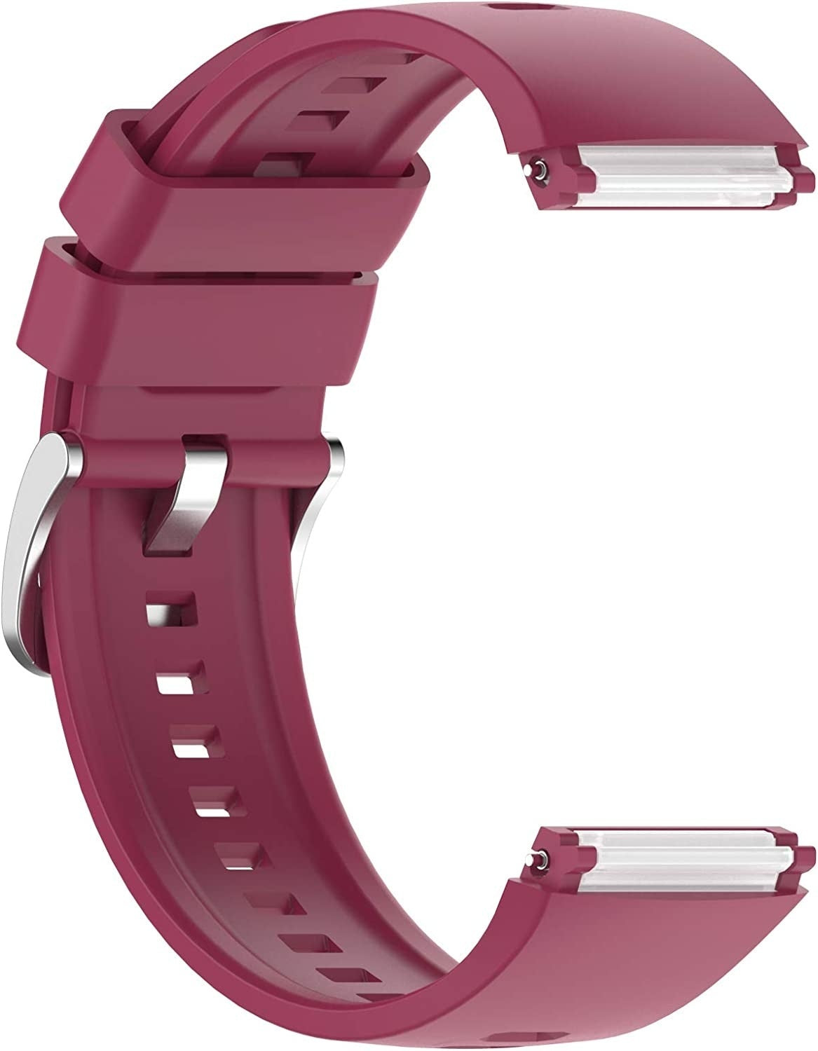 Ein weinrotes Uhrenarmband. Das Armband hat Löcher und Metallschnallen. Der Hintergrund ist schlicht weiß.