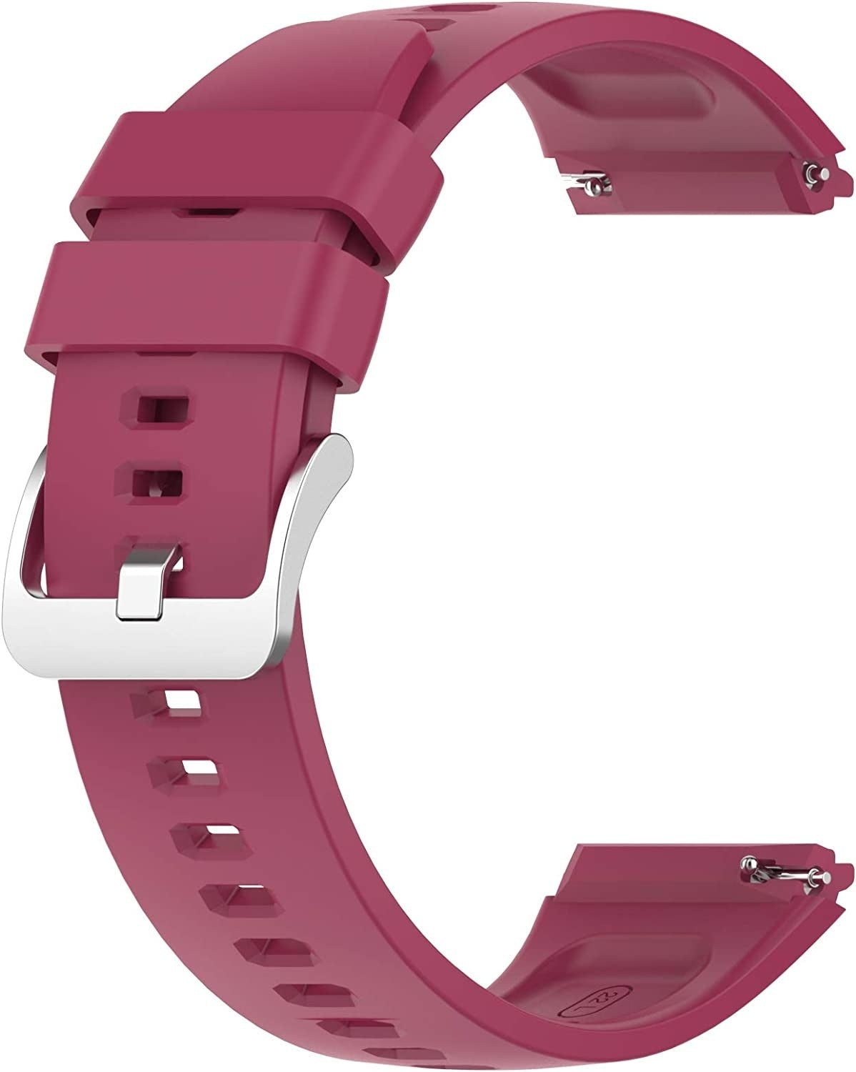 Ein weinrotes Uhrenarmband mit silberner Schnalle. Das Armband ist gebogen und hat Löcher zur Einstellung. Weißer Hintergrund.