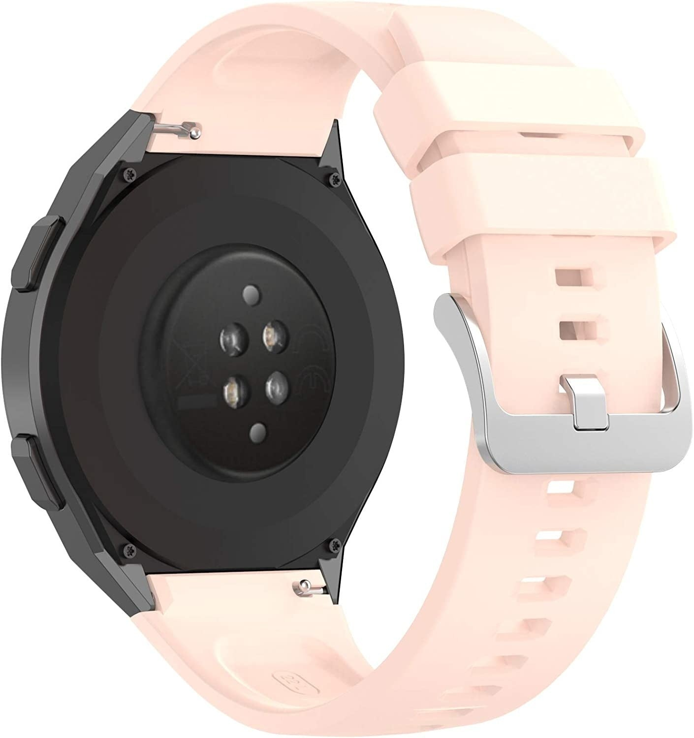 Eine schwarze Smartwatch mit pinkfarbenem Armband. Die Rückseite mit Sensoren und Bandanschlüssen ist zu sehen.