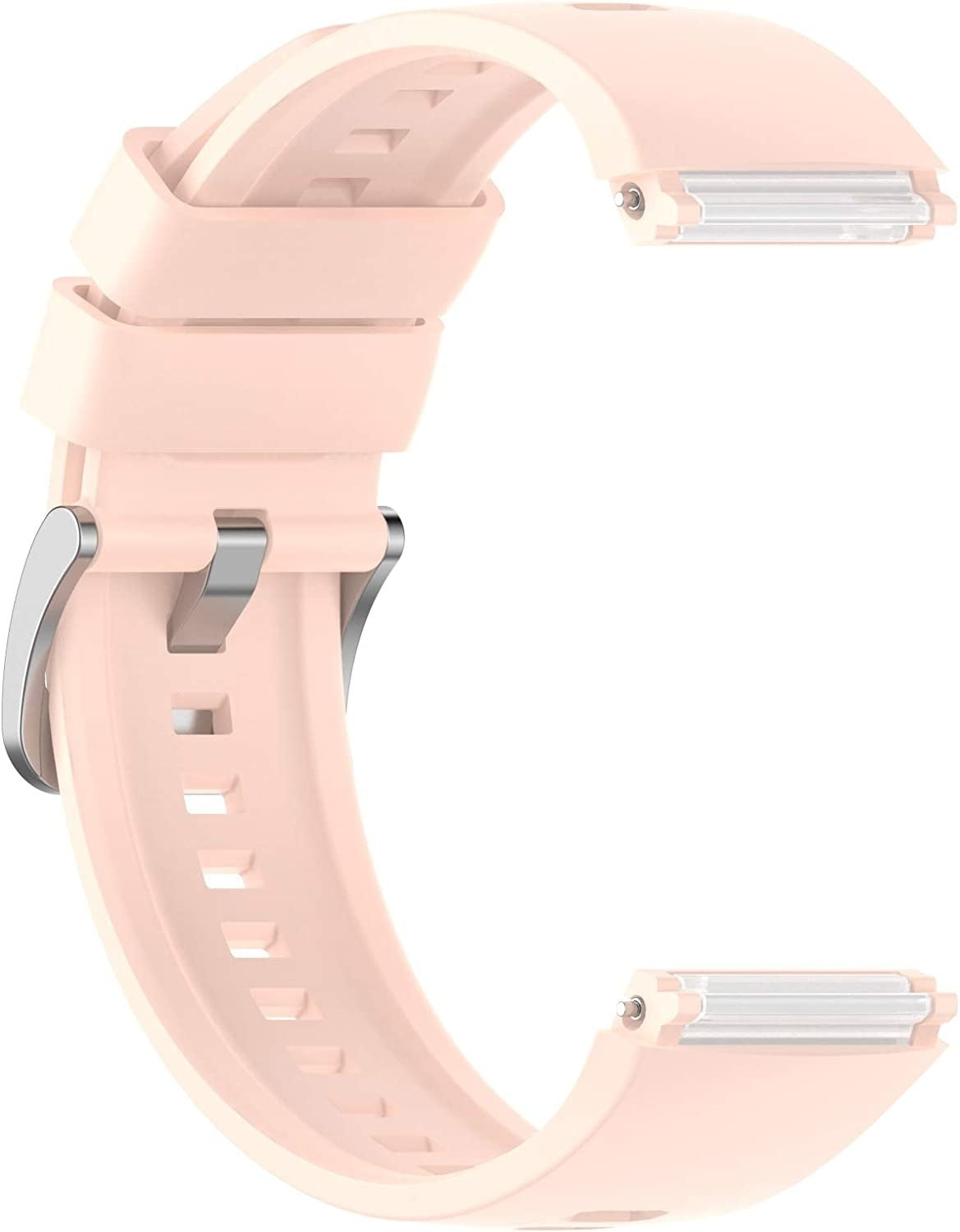 Ein hellrosa Uhrenarmband. Das Armband ist gebogen und hat eine Schnalle und Löcher zur Anpassung. Der Hintergrund ist weiß.
