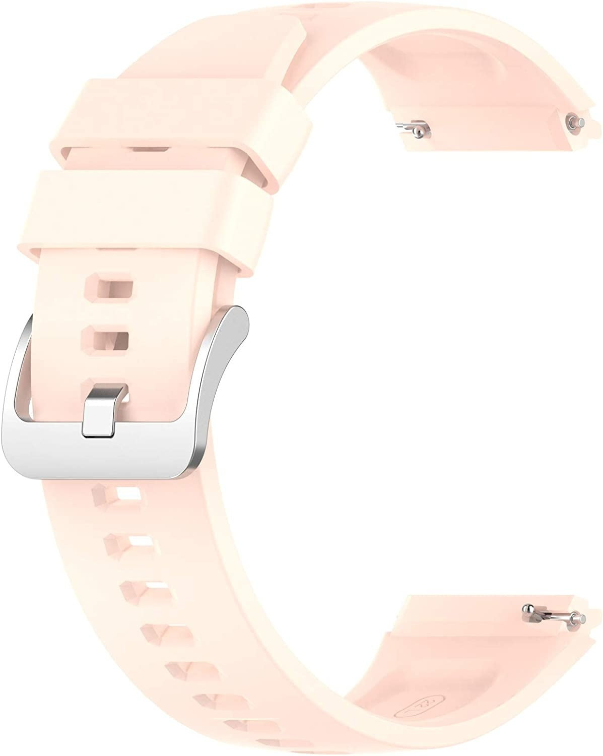 Ein hellrosa Uhrenarmband mit silberner Schnalle. Das Armband ist gebogen und hat Löcher zur Anpassung. Zwei Stifte sind sichtbar.