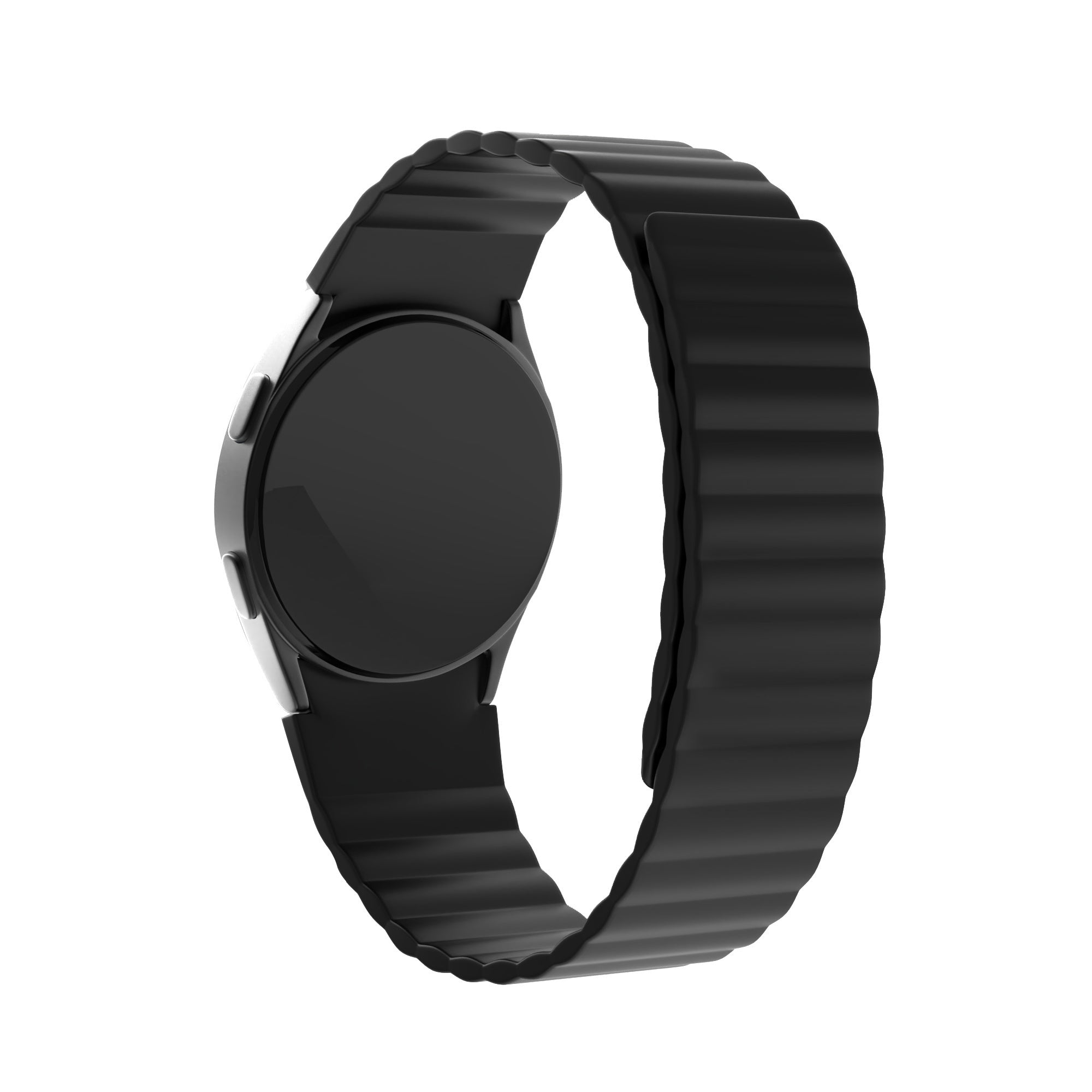 Eine schwarze Smartwatch mit schwarzem gerippten Armband vor weißem Hintergrund. Das Zifferblatt ist schwarz und rund.