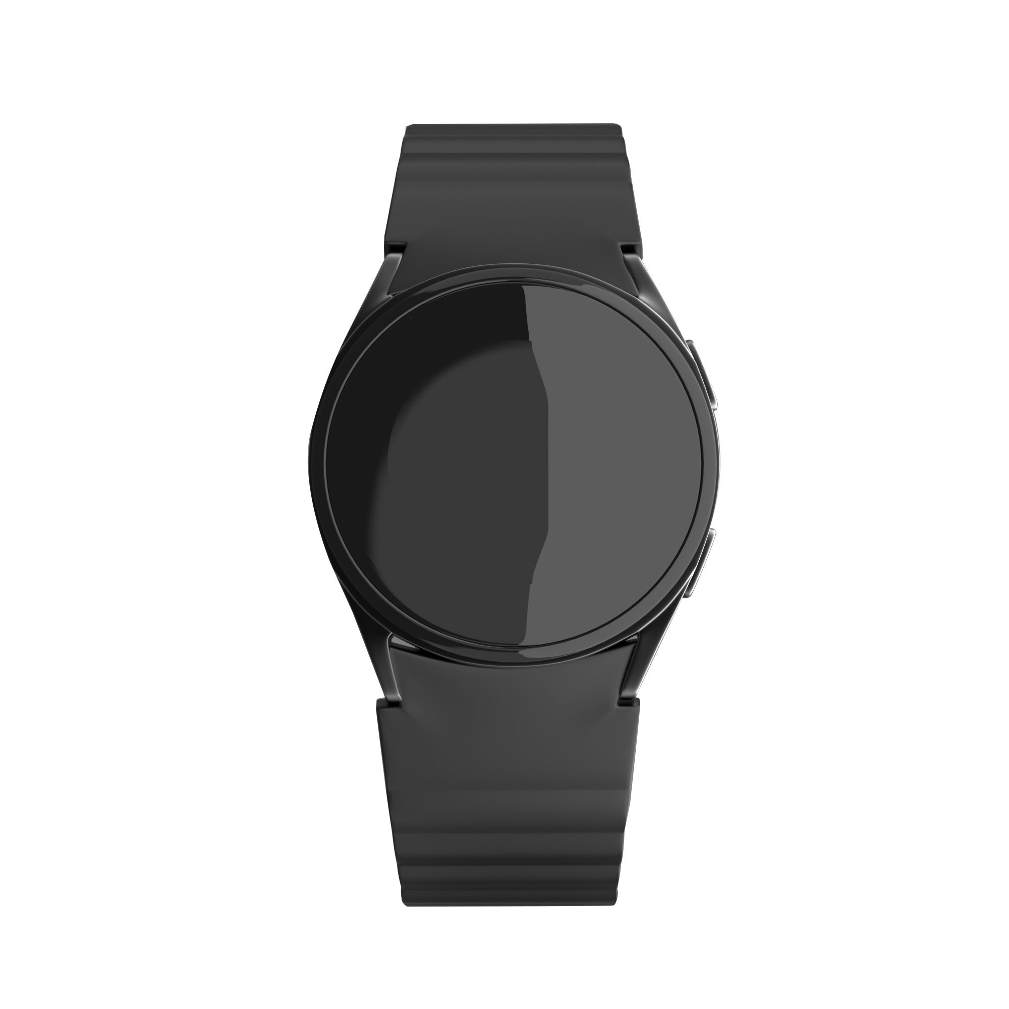 Eine schwarze Smartwatch mit rundem Zifferblatt und schwarzem Armband, vor weißem Hintergrund.