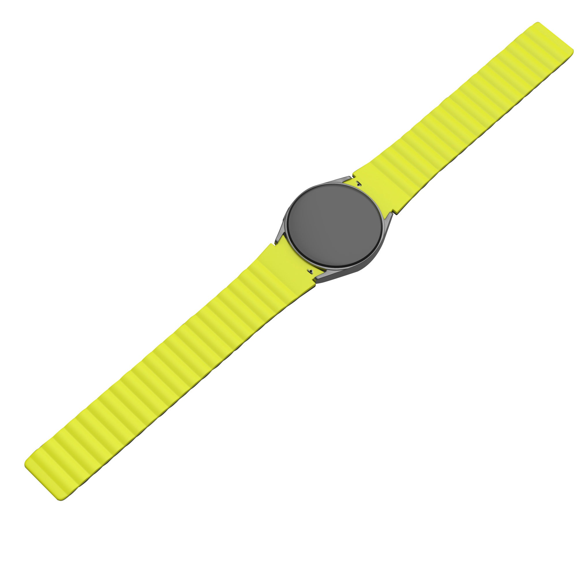 Eine Smartwatch mit schwarzem Zifferblatt und gelbem Armband vor weißem Hintergrund, diagonal ausgerichtet.