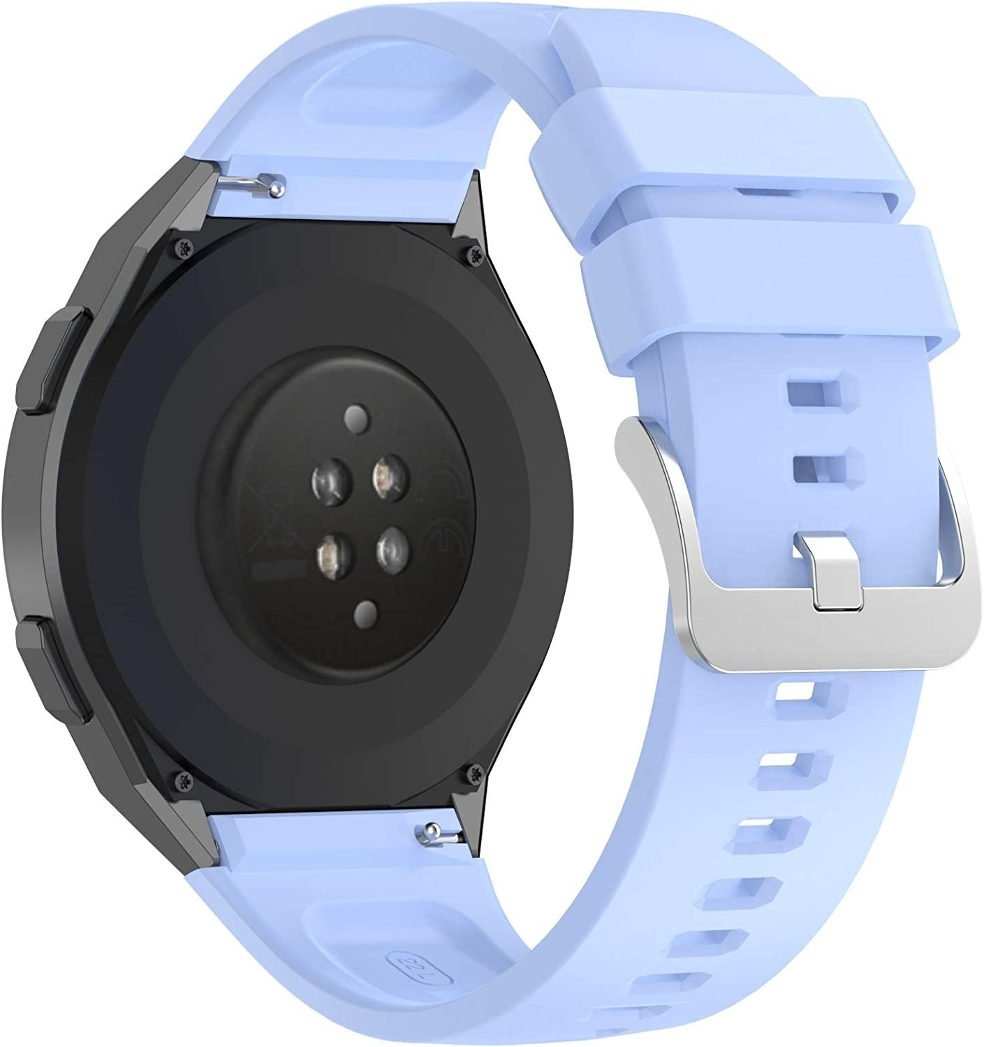 Eine Smartwatch mit hellblauem Armband wird gezeigt. Das Zifferblatt ist schwarz, und das Armband hat eine silberne Schnalle.