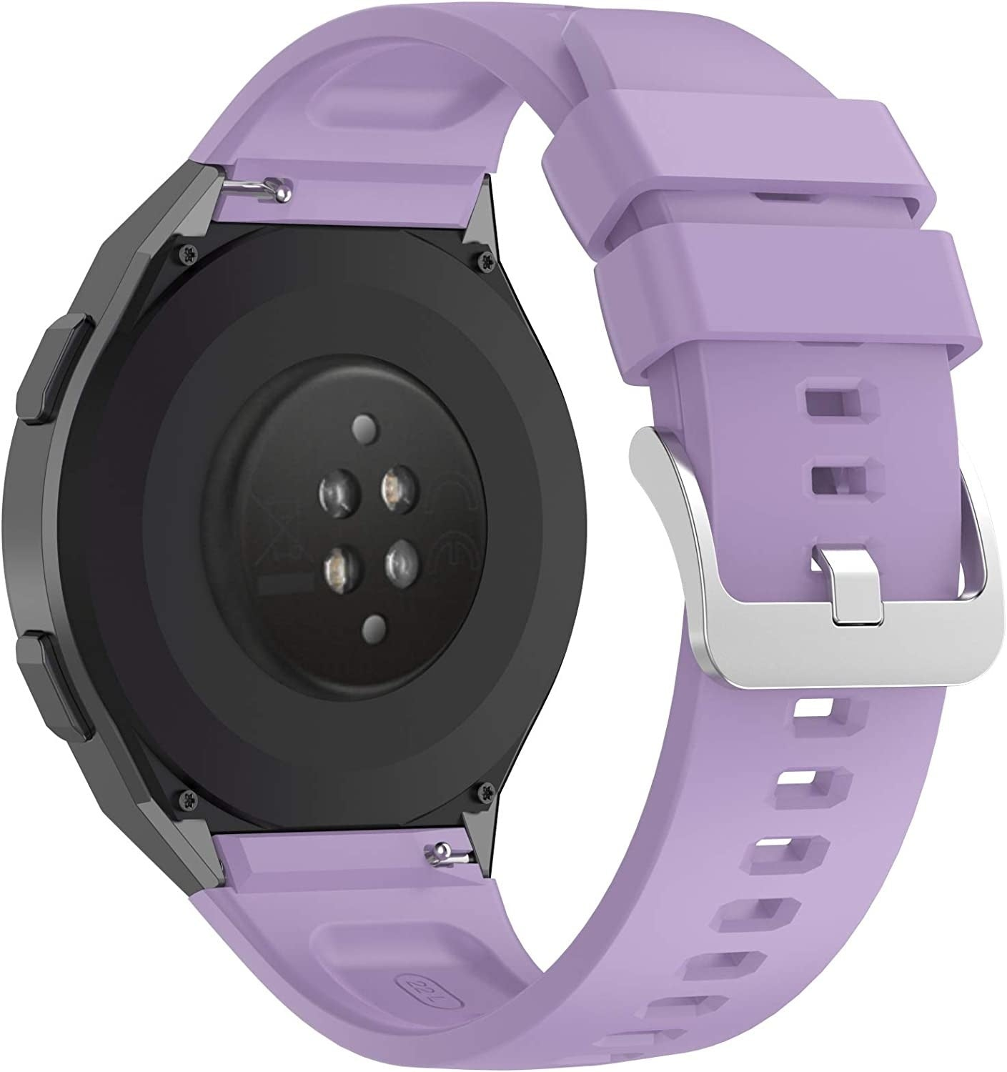 Eine Smartwatch mit helllila Armband. Das Gehäuse ist schwarz. Das Armband hat eine silberne Schnalle.