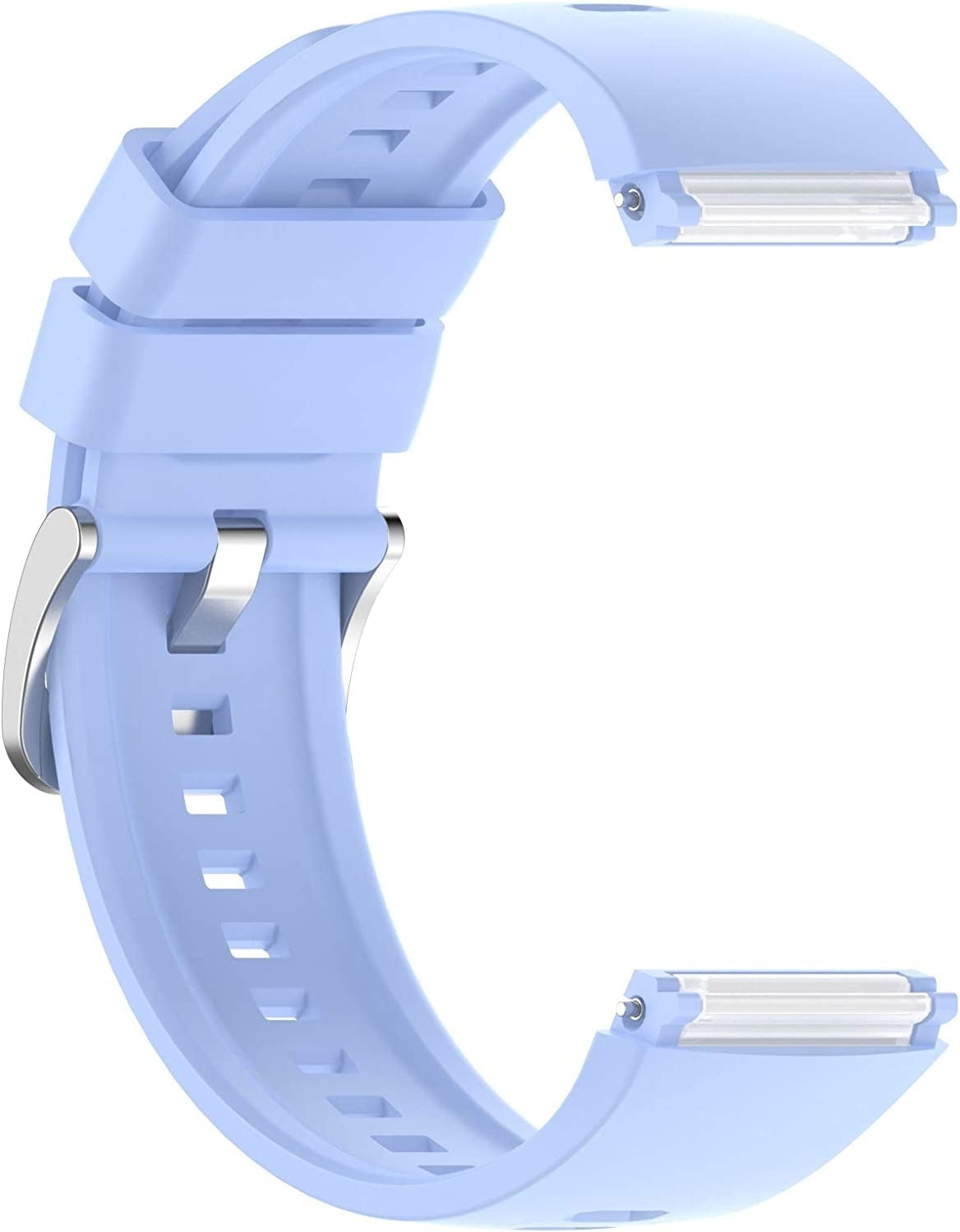 Ein hellblaues Uhrenarmband vor weißem Hintergrund. Es hat eine Schnalle und einen Stift mit geschwungenem Design.