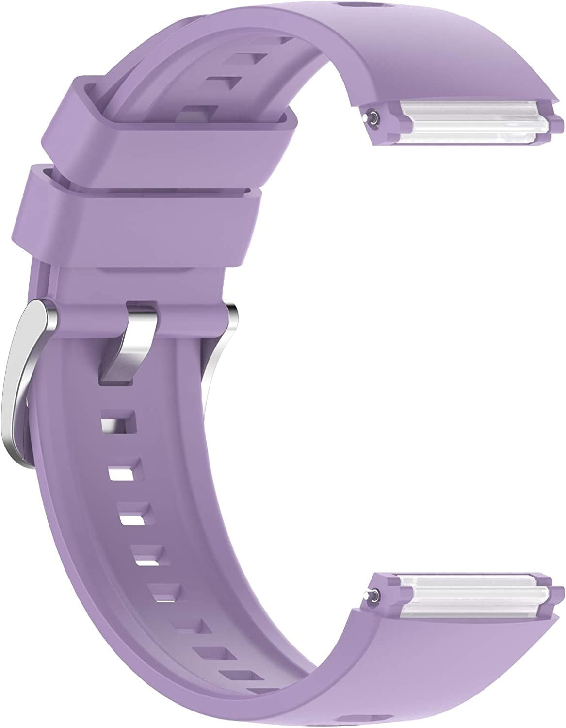 Ein lavendelfarbenes Uhrenarmband, gebogen mit einer silbernen Schnalle und einem Stift. Zeigt eine Nahaufnahme der Details des Armbands, einschließlich der Löcher.