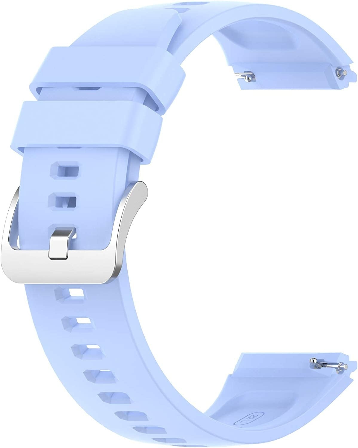 Hellblaues Uhrenarmband. Es hat eine silberne Schnalle und einen Stift. Das Armband besteht aus flexiblem Material und hat eine strukturierte Oberfläche.