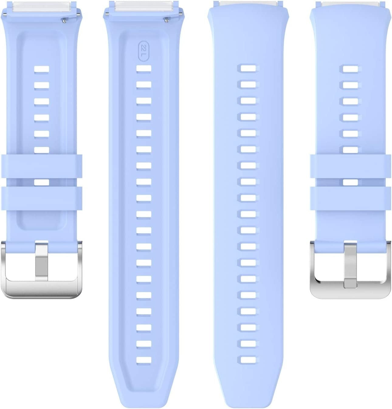 Vier hellblaue Uhrenarmbänder. Jedes hat eine Schnalle und eine Reihe von Löchern. Auf einem Armband steht "22 L".