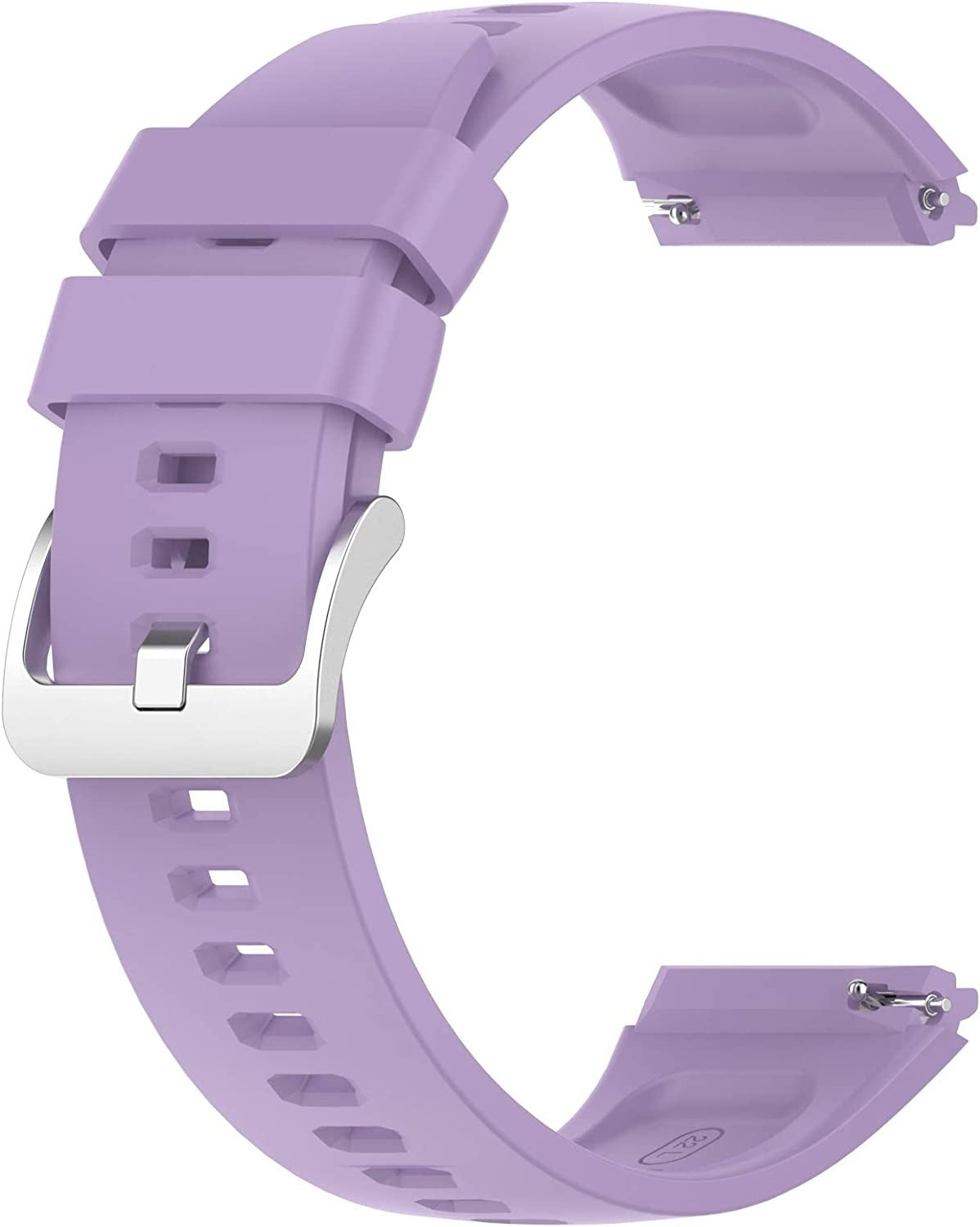 Ein helllila Uhrenarmband. Es hat eine silberne Schnalle und Verbinder. Das Armband ist gebogen und flexibel.