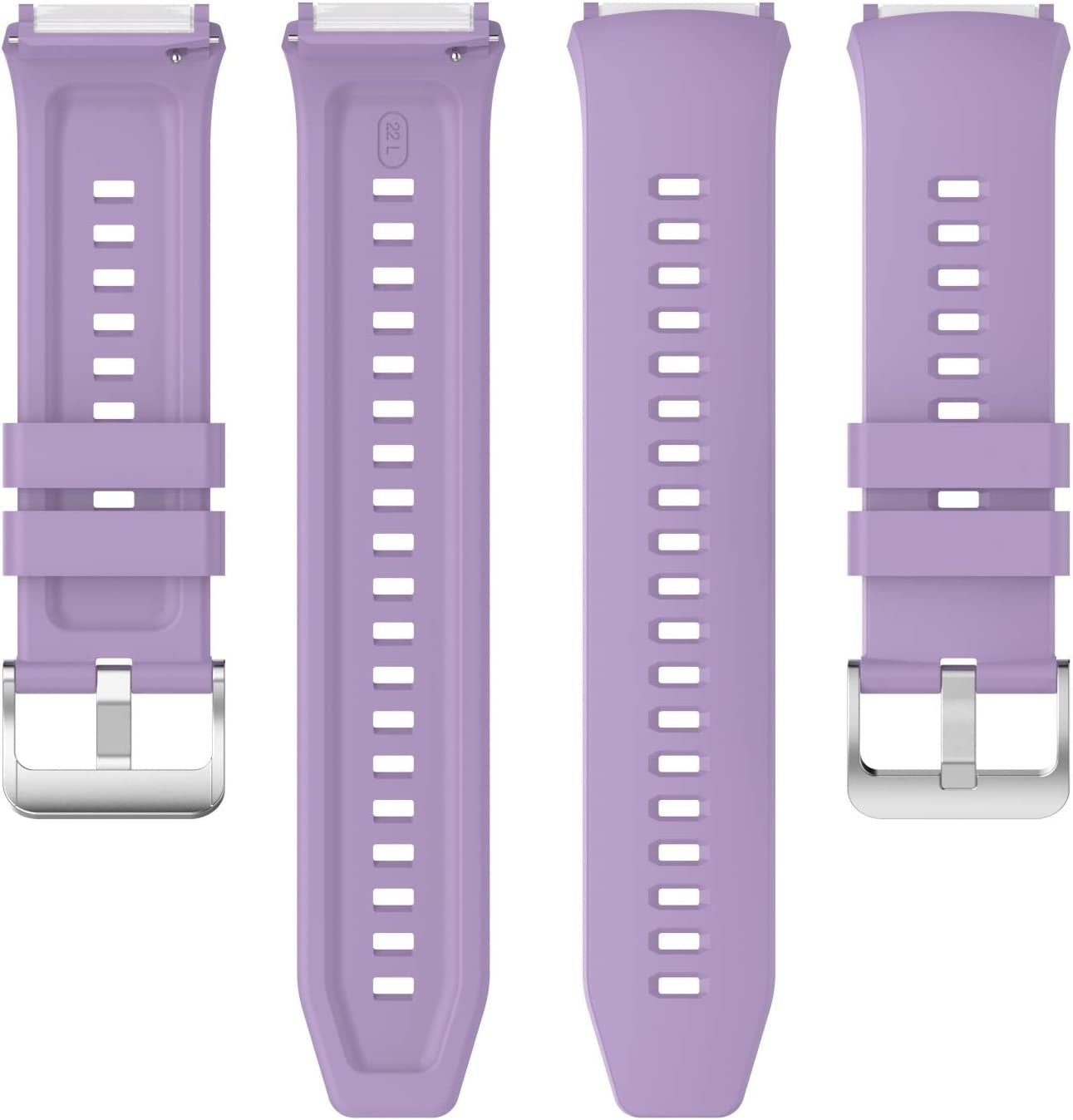 Vier lavendelfarbene Uhrenarmbänder mit silbernen Schnallen. Jedes Armband hat rechteckige Löcher und einen Bereich für das Zifferblatt.
