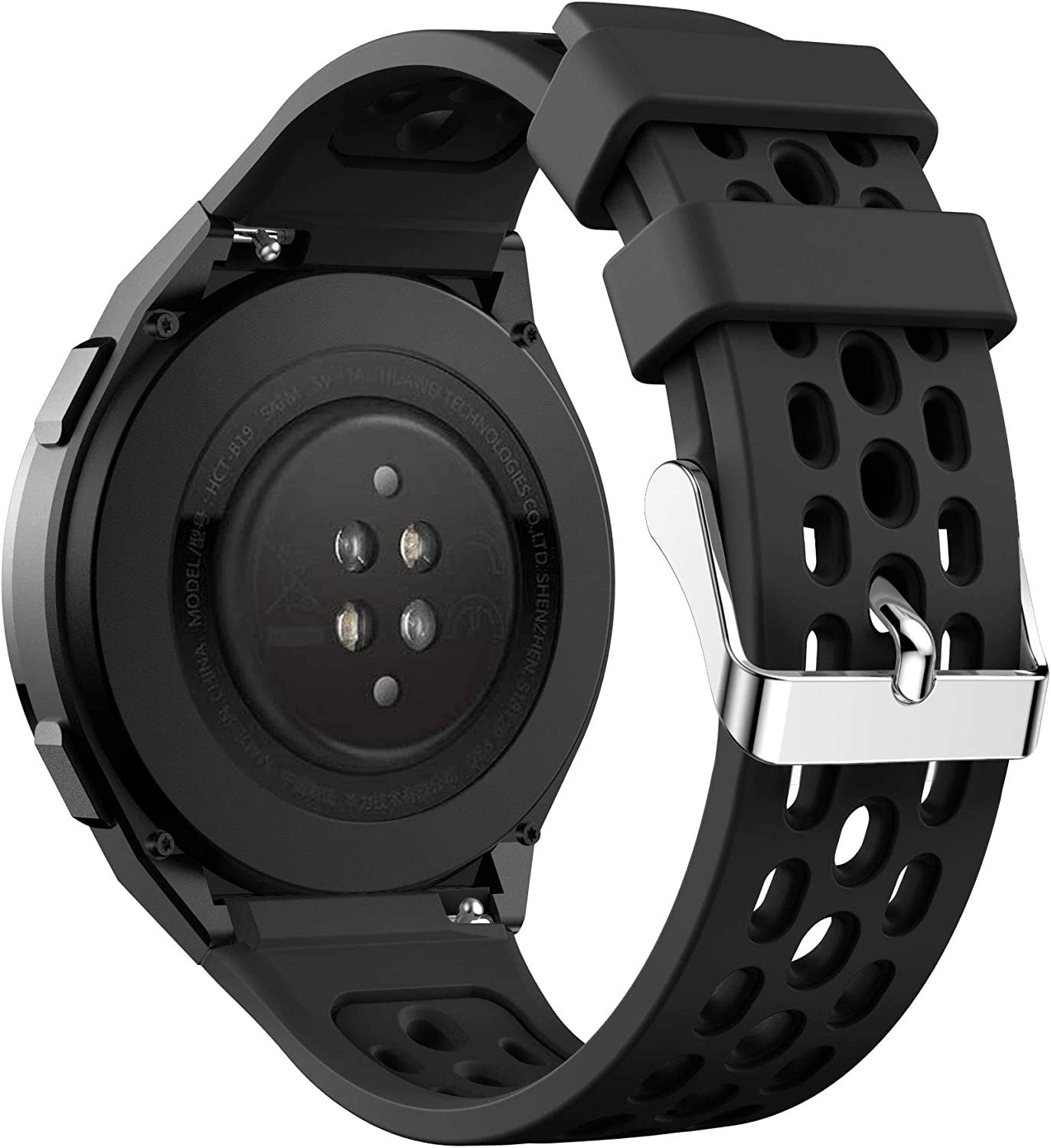 Schwarze Smartwatch mit Gummiband, silberner Schnalle. Das Zifferblatt zeigt Sensoren. Das Armband hat viele Löcher.