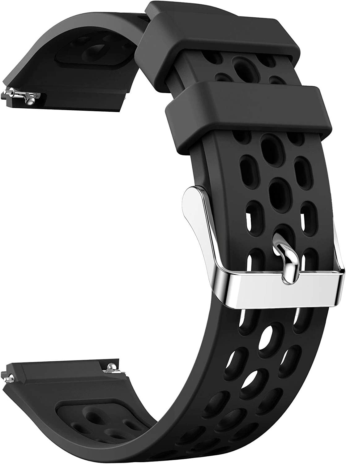 Schwarzes Uhrenarmband mit silberner Schnalle. Das Armband ist perforiert und hat ein gebogenes Design. Es ist auf weißem Hintergrund.