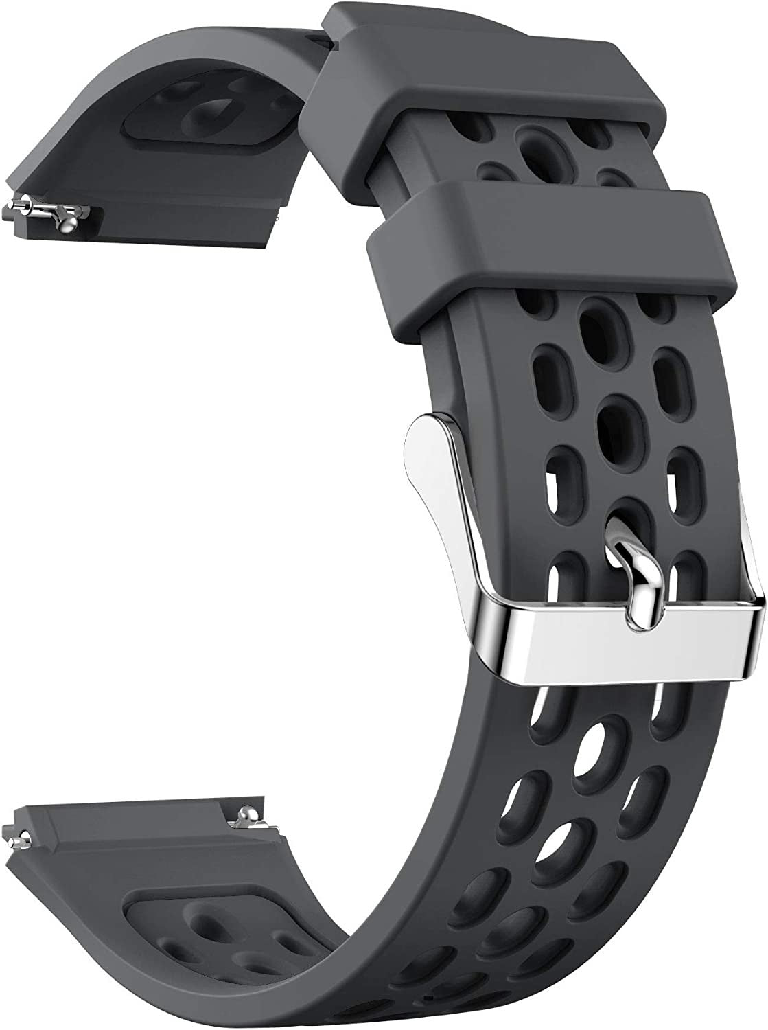 Ein graues Uhrenarmband mit silberner Schnalle. Das Band hat Löcher und einen Metallverschluss.