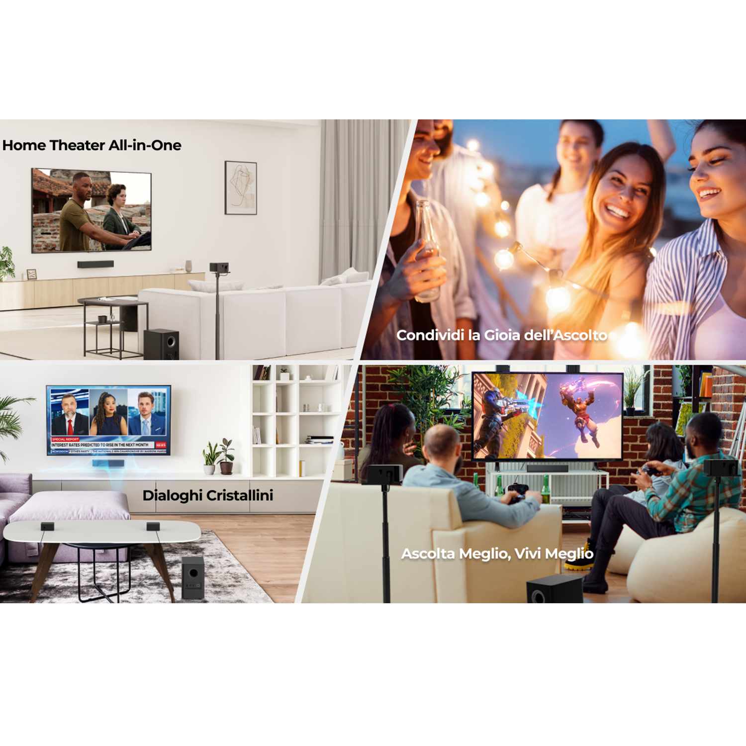 Il collage di immagini mostra la configurazione home theater, persone che utilizzano sistemi audio e giochi con dialoghi chiari. Testo: 'Home Theater All-in-One'.