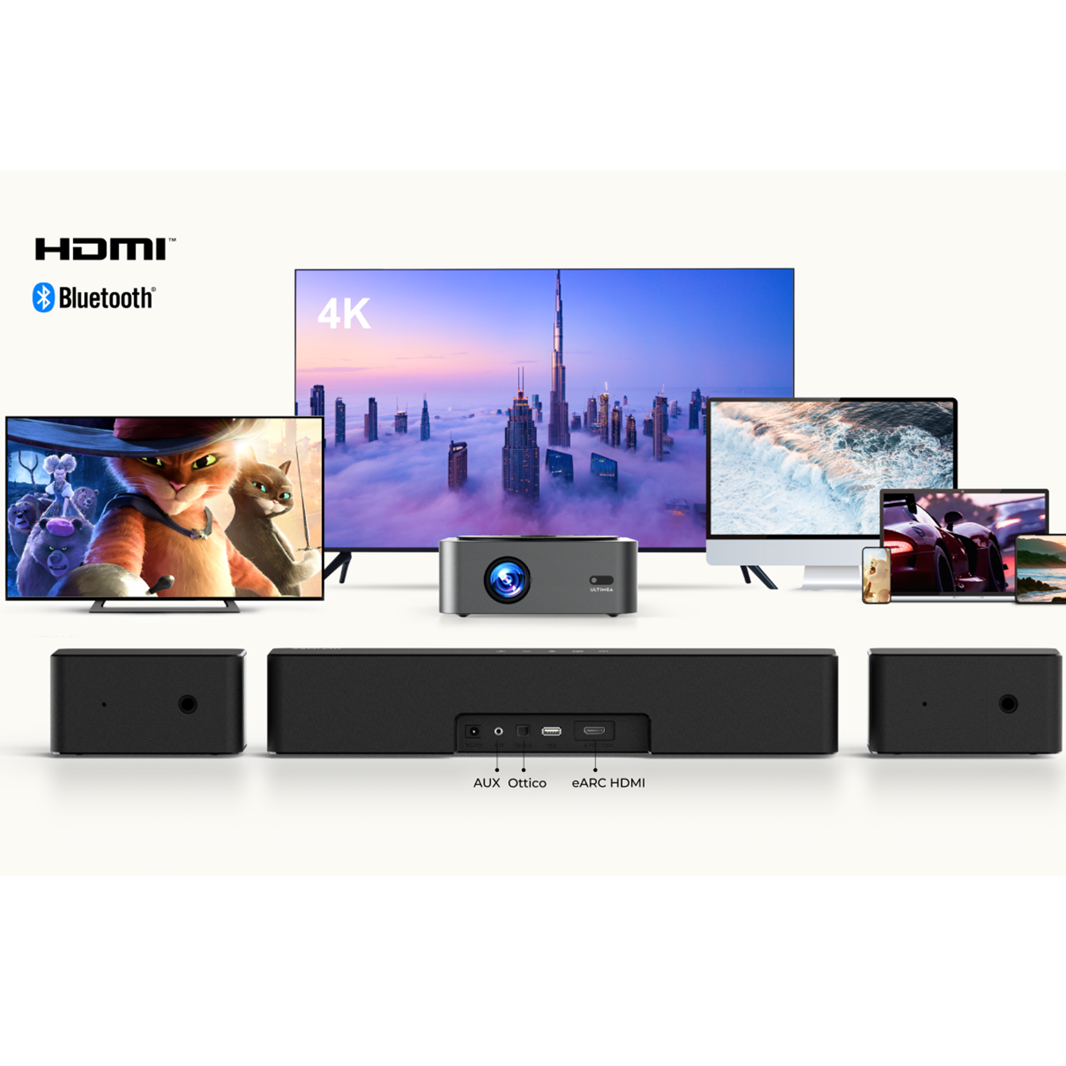 Un impianto home theater con proiettore, TV, monitor, soundbar e altoparlanti. I display includono una scena cittadina, una scena di film e un'auto.