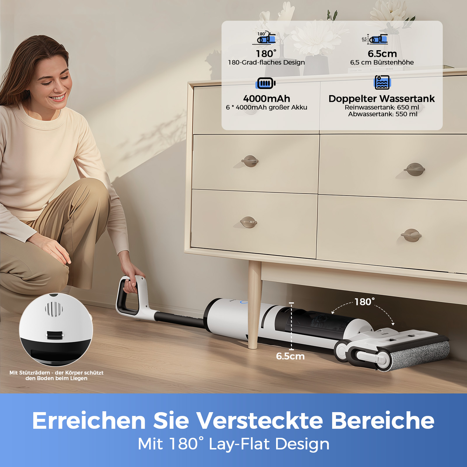 Eine Frau benutzt einen weiß-schwarzen Staubsauger. Er hat ein 180°-Lay-Flat-Design. Die Szene umfasst einen Schrank und Text.