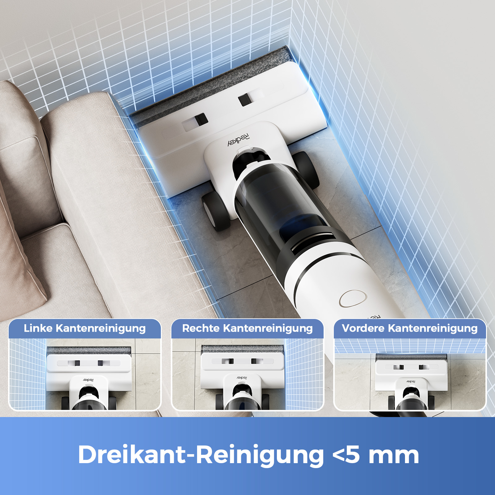 Ein weißer und schwarzer Staubsauger reinigt eine Ecke. Das Bild zeigt die Reinigungsfähigkeit des Staubsaugers.