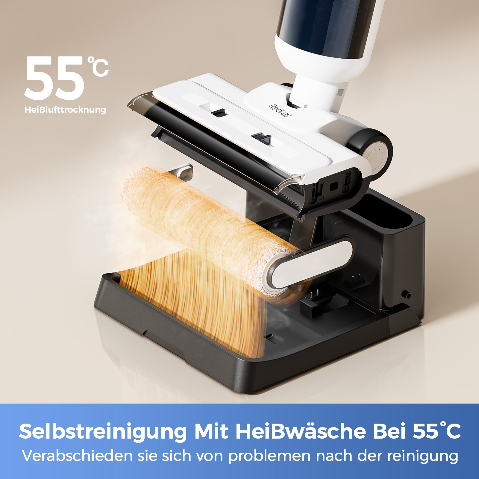 Ein Reinigungsgerät mit einer Walze wird gezeigt. Die Walze wird mit Heißluft bei 55 Grad Celsius gereinigt.