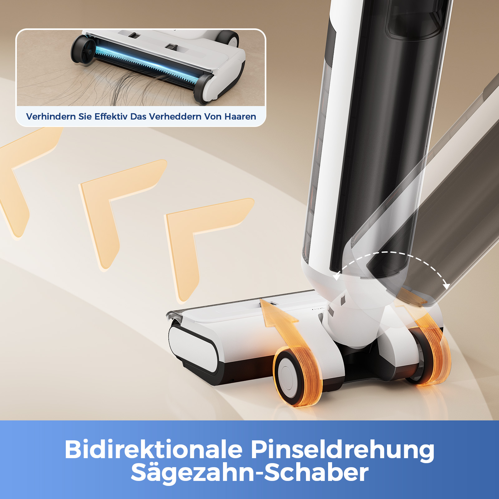 Ein weiß-schwarzer Staubsauger mit orangefarbenen Pfeilen. Ein kleines Bild zeigt, wie er Haarverwirrung verhindert. Text: 'Bidirektionale Bürstenrotation'.