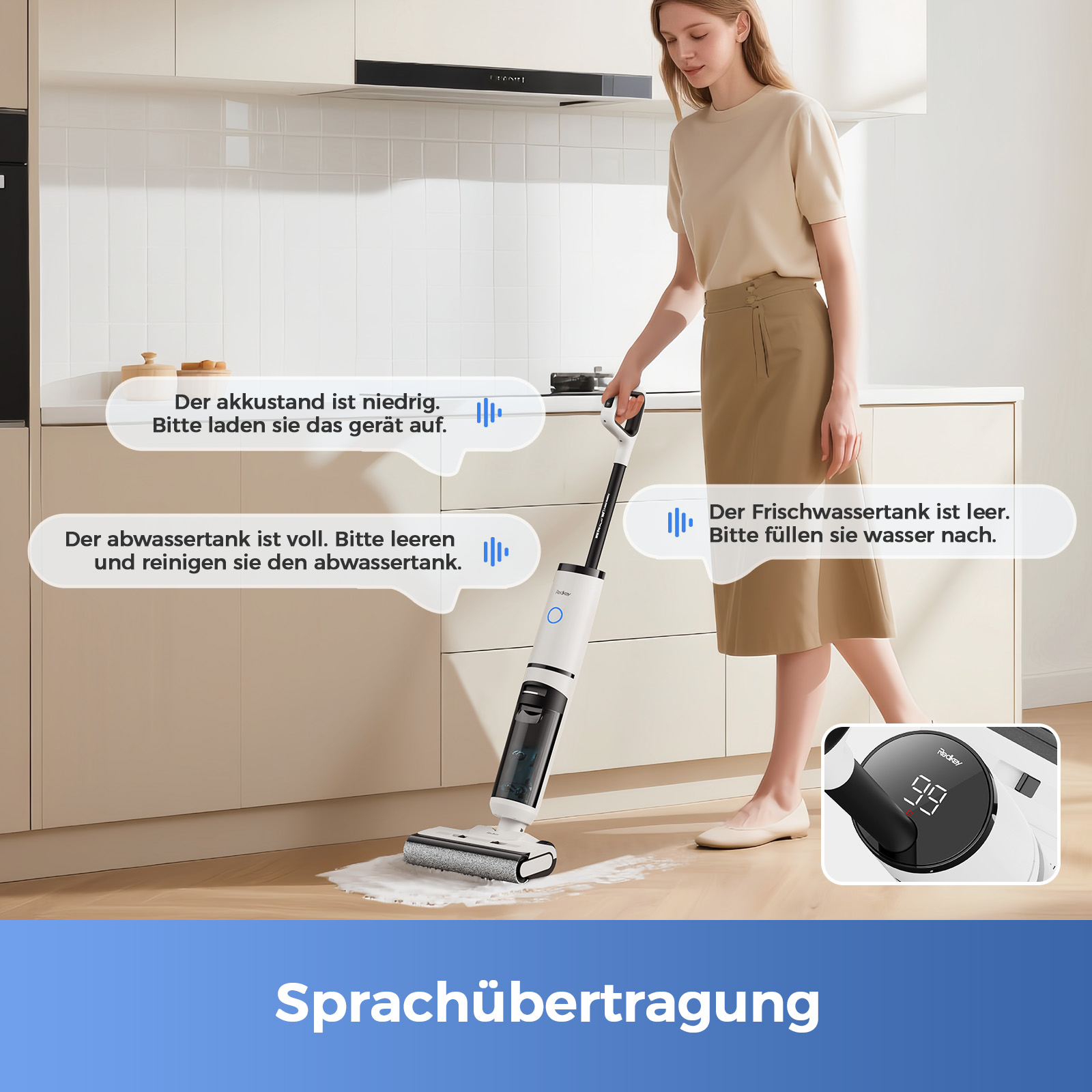 Eine Frau benutzt einen weiß-schwarzen Staubsauger auf einem Holzboden. Der Reiniger wird in einer Küche verwendet.