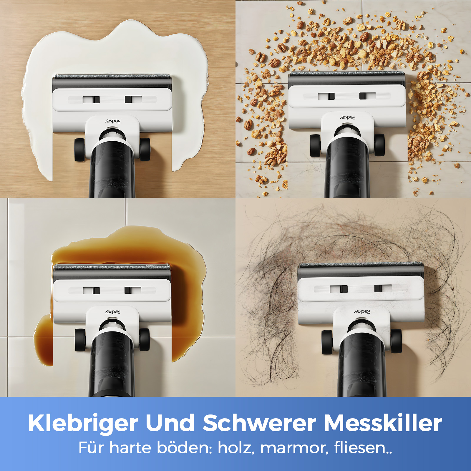 Ein weißes und schwarzes Reinigungsgerät entfernt Verschüttetes und Schmutz von verschiedenen Oberflächen. Das Bild ist in vier Bereiche unterteilt.