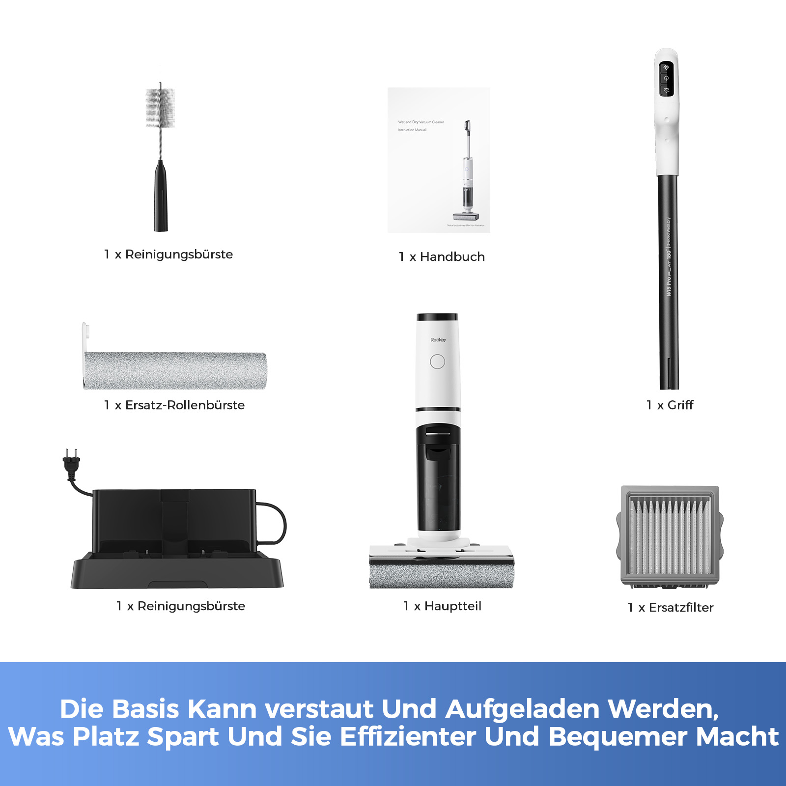 Das Bild zeigt Staubsaugerteile: Bürste, Handbuch, Griff, Rollbürste, Ladegerät, Hauptteil und Filter. Text: Basis kann verstaut und geladen werden.
