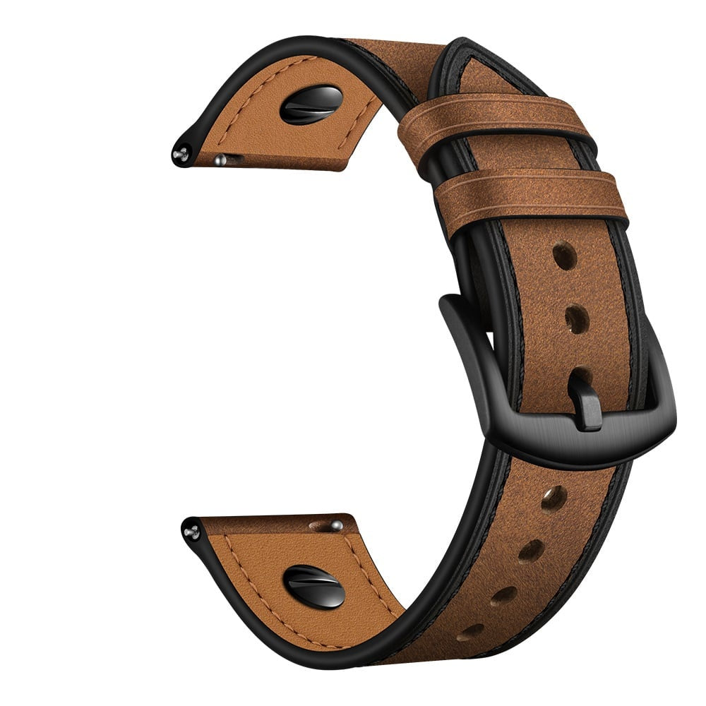 Braunes Lederarmband mit schwarzen Akzenten und Schnalle. Merkmale Nähte und Kontrastfarben, mit modernem Design.