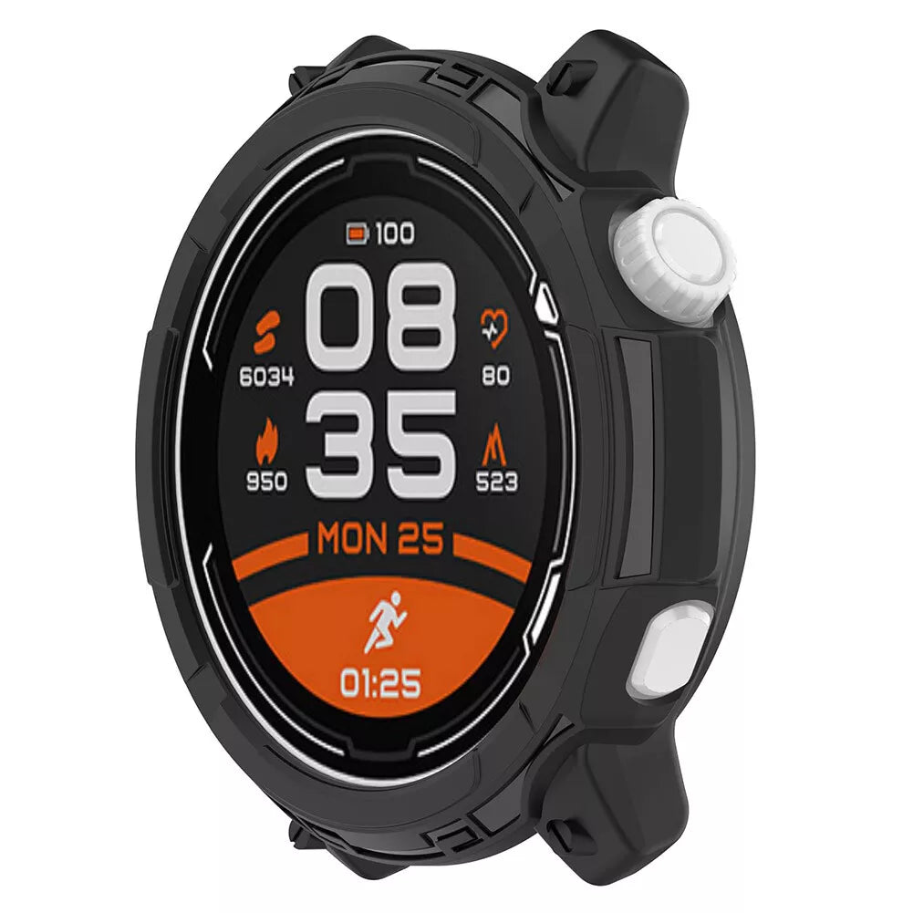 Eine schwarze Smartwatch zeigt Zeit, Herzfrequenz, Schritte und Datum an. Sie hat ein Schutzgehäuse mit Knöpfen und einem weißen Steuerknopf.