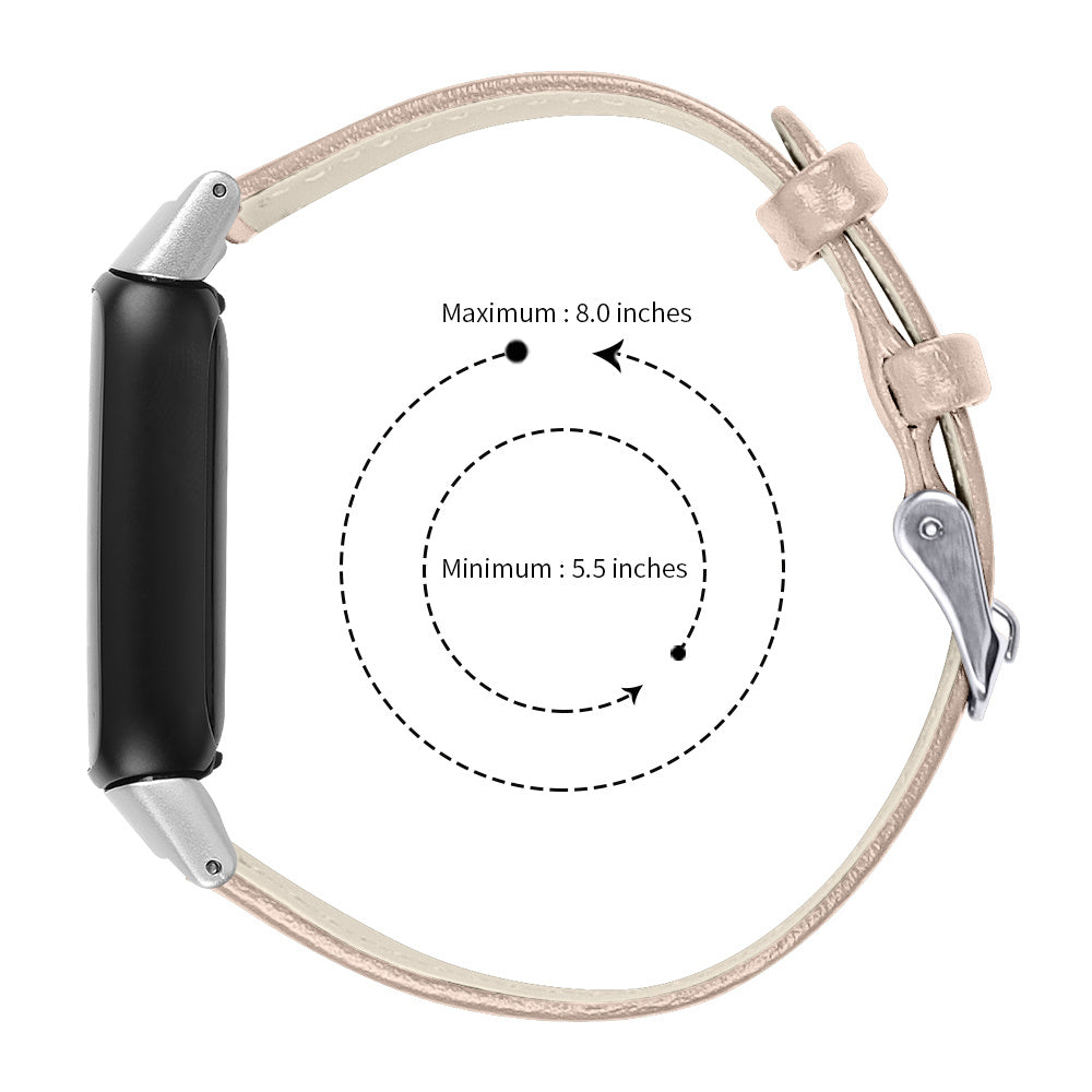Ein Uhrenarmband mit schwarzem Zifferblatt, beigem Riemen und silbernen Verschlüssen. Gestrichelte Kreise zeigen die Mindest- und Maximalgröße in Zoll.
