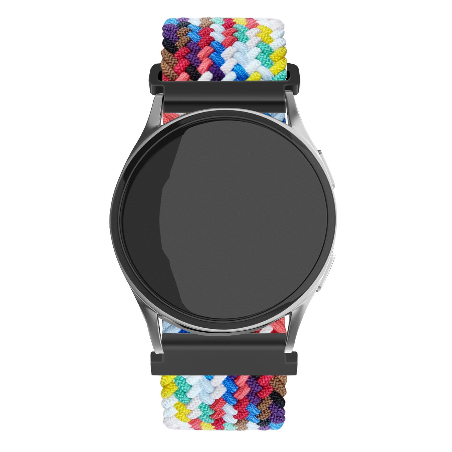 Eine Smartwatch mit schwarzem, rundem Bildschirm und buntem geflochtenem Armband. Das Band hat mehrere Farben. Das Gehäuse ist silber und schwarz.