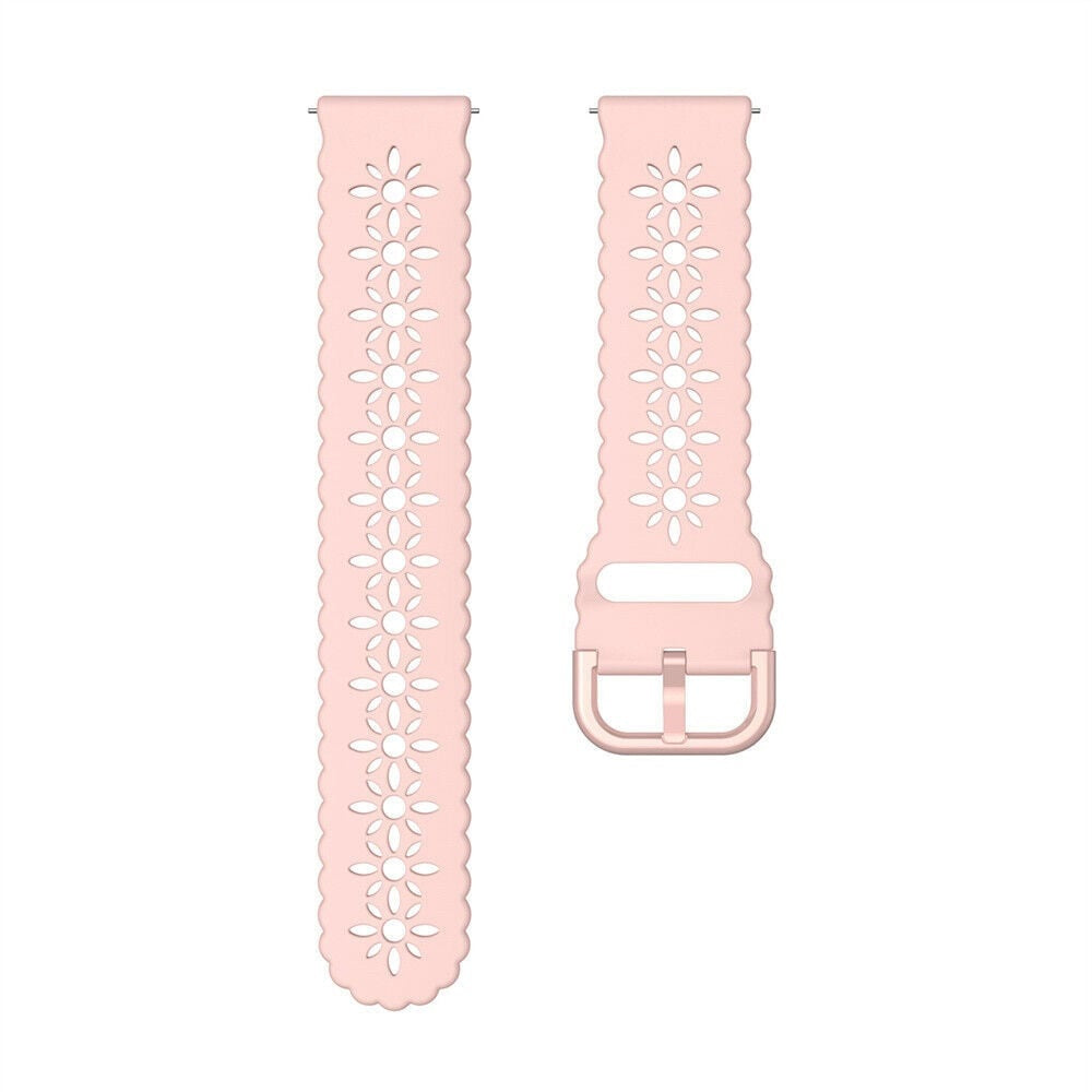 Zwei hellrosa Uhrenarmbänder mit floralen Ausschnitten auf weißem Hintergrund. Ein Armband hat eine Schnalle.