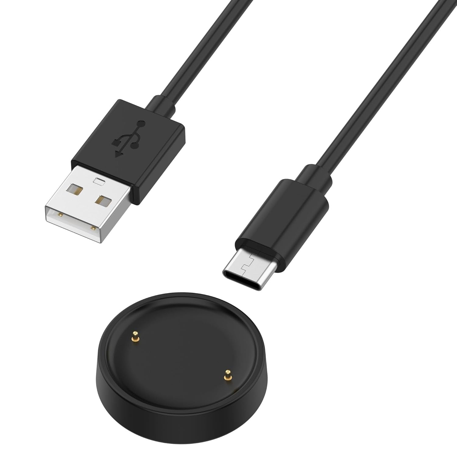 Schwarzes Ladekabel mit USB- und USB-C-Anschlüssen, neben einer schwarzen, kreisförmigen Ladestation mit goldenen Kontaktpunkten.