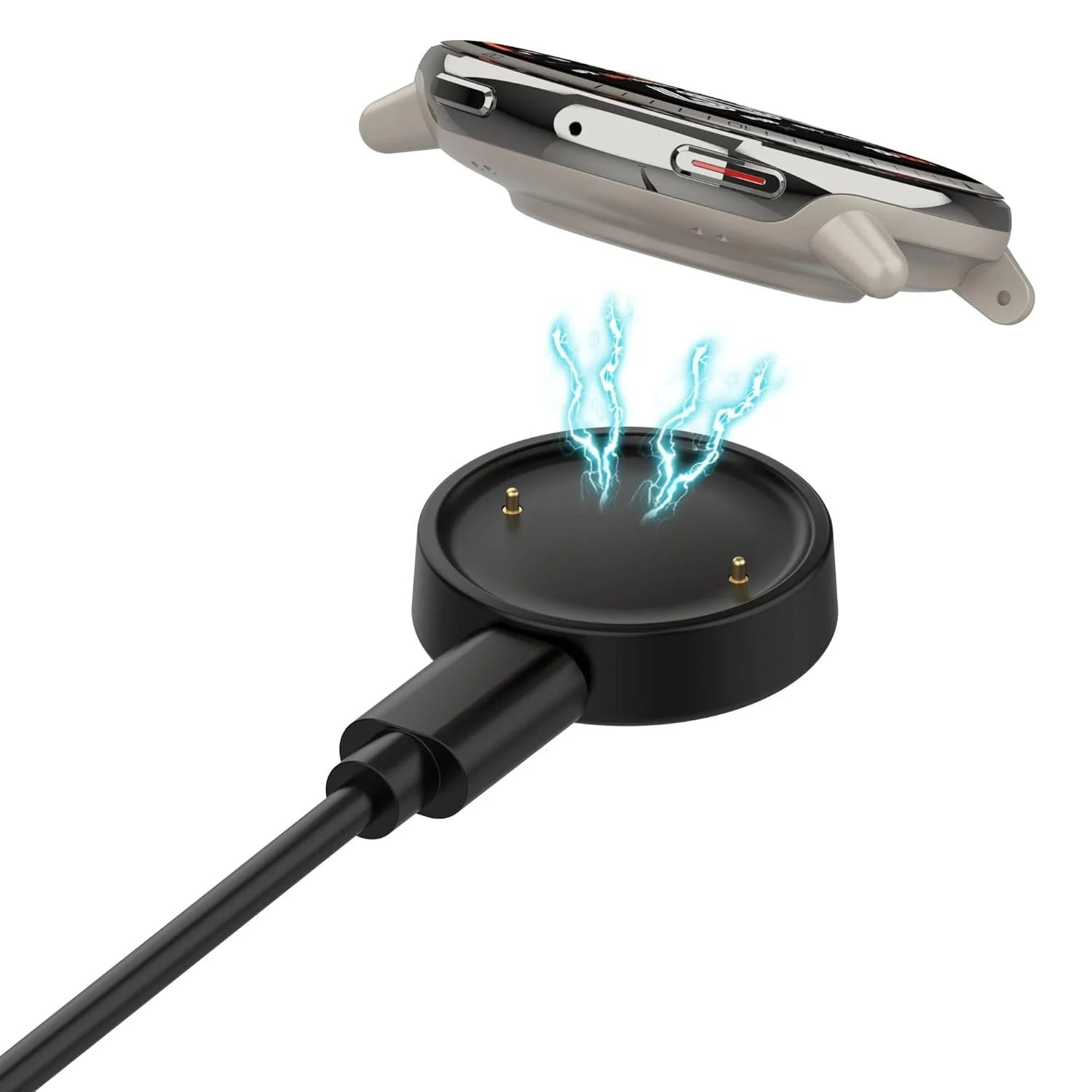 Eine Smartwatch über einer schwarzen Ladestation. Blitze zeigen kabelloses Laden an. Ein schwarzes Kabel verbindet die Basis.