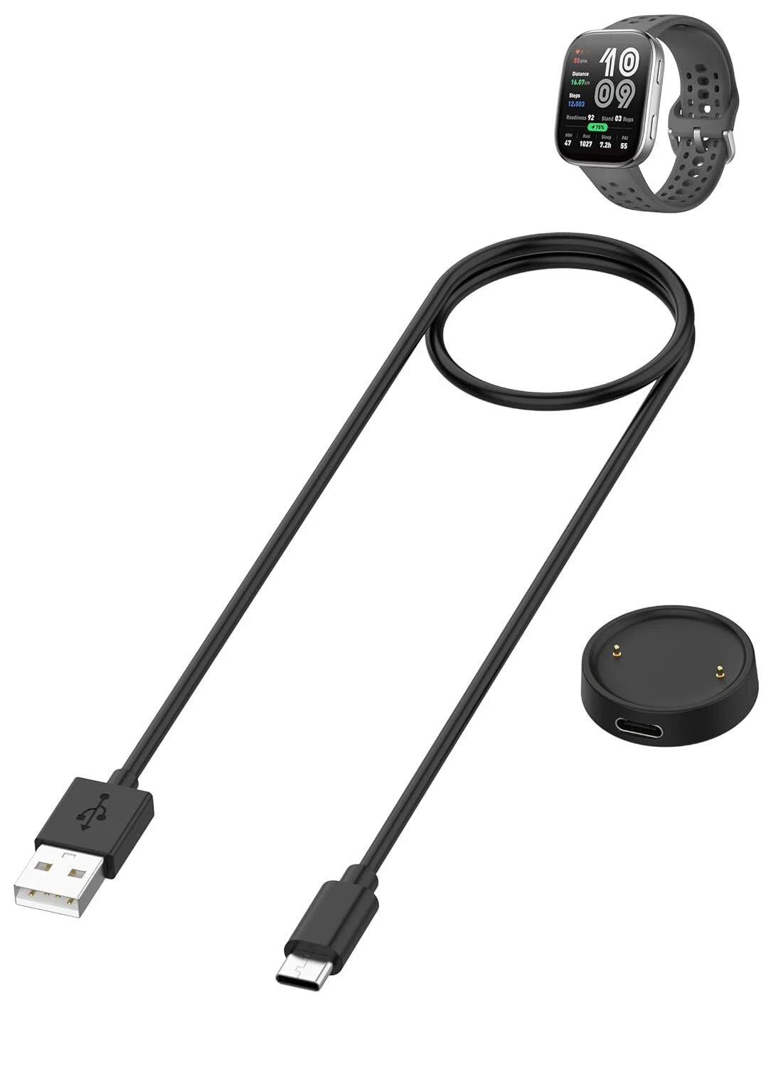 Eine Smartwatch mit schwarzem Armband, ein Ladekabel und eine Ladestation. Alle Artikel sind schwarz und weiß.