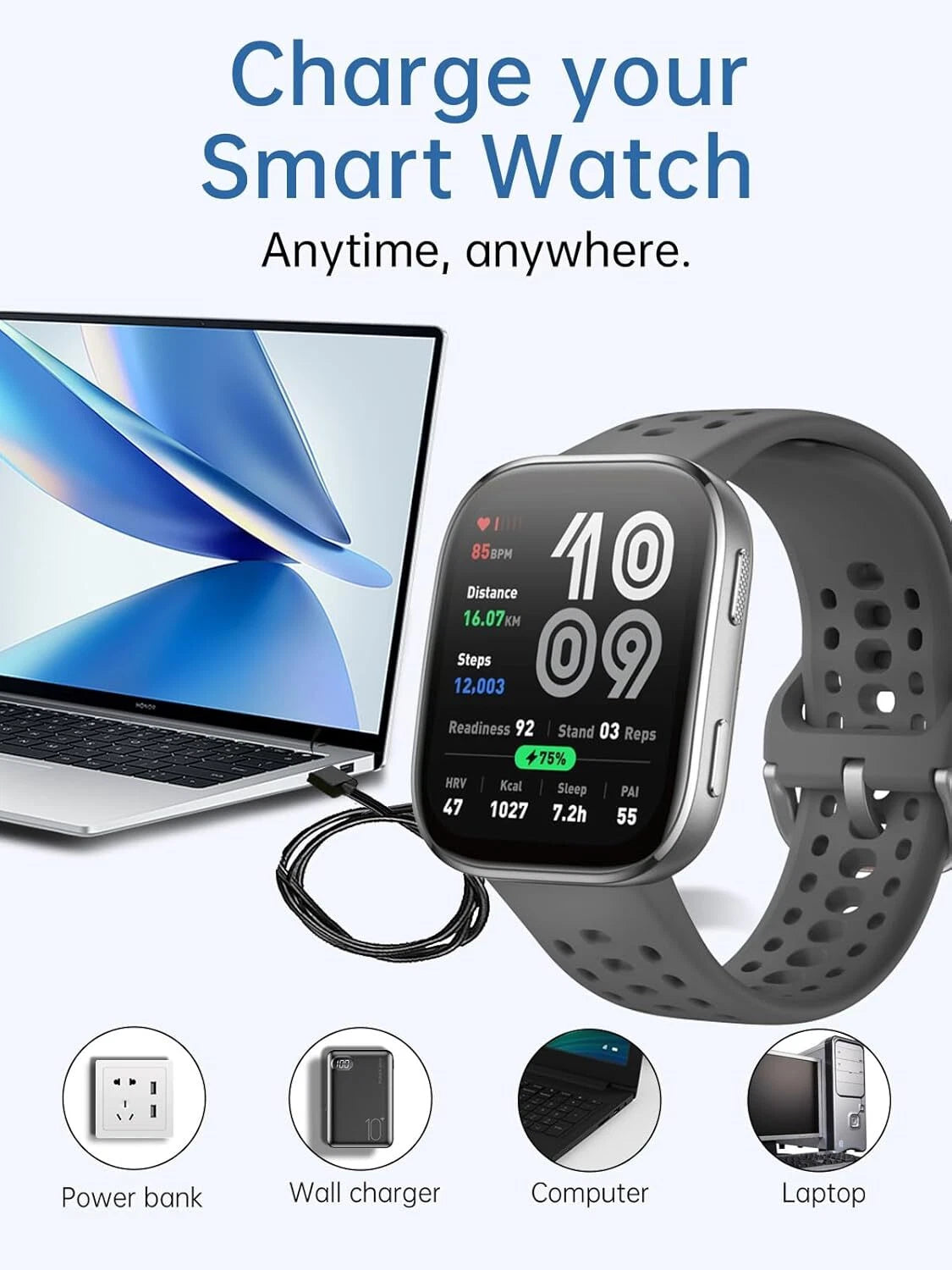 Eine Smartwatch wird neben einem Laptop aufgeladen. Die Uhr zeigt Statistiken an. Darunter befinden sich Bilder einer Powerbank, eines Ladegeräts, eines Computers und eines Laptops.