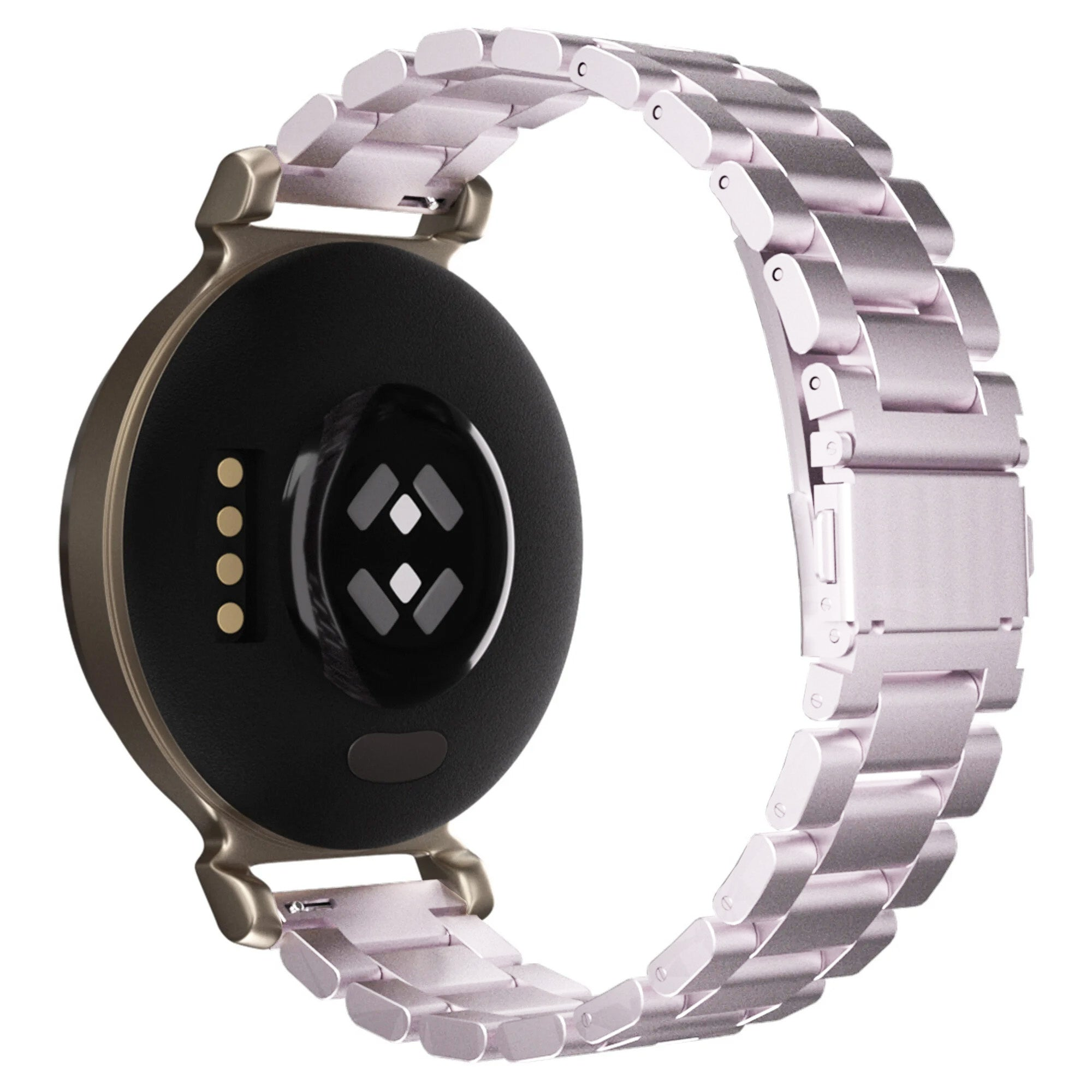 Nahaufnahme einer Smartwatch. Sie hat ein schwarzes Zifferblatt mit goldfarbenem Rahmen. Das Armband ist hellrosa.