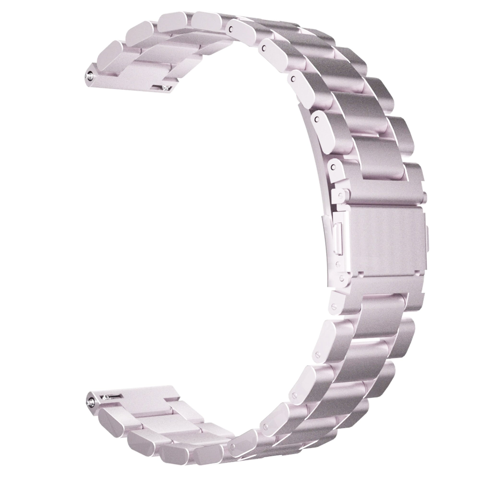 Ein helllila Uhrenarmband ist auf weißem Hintergrund gebogen. Es hat mehrere rechteckige Metallglieder, die miteinander verbunden sind.