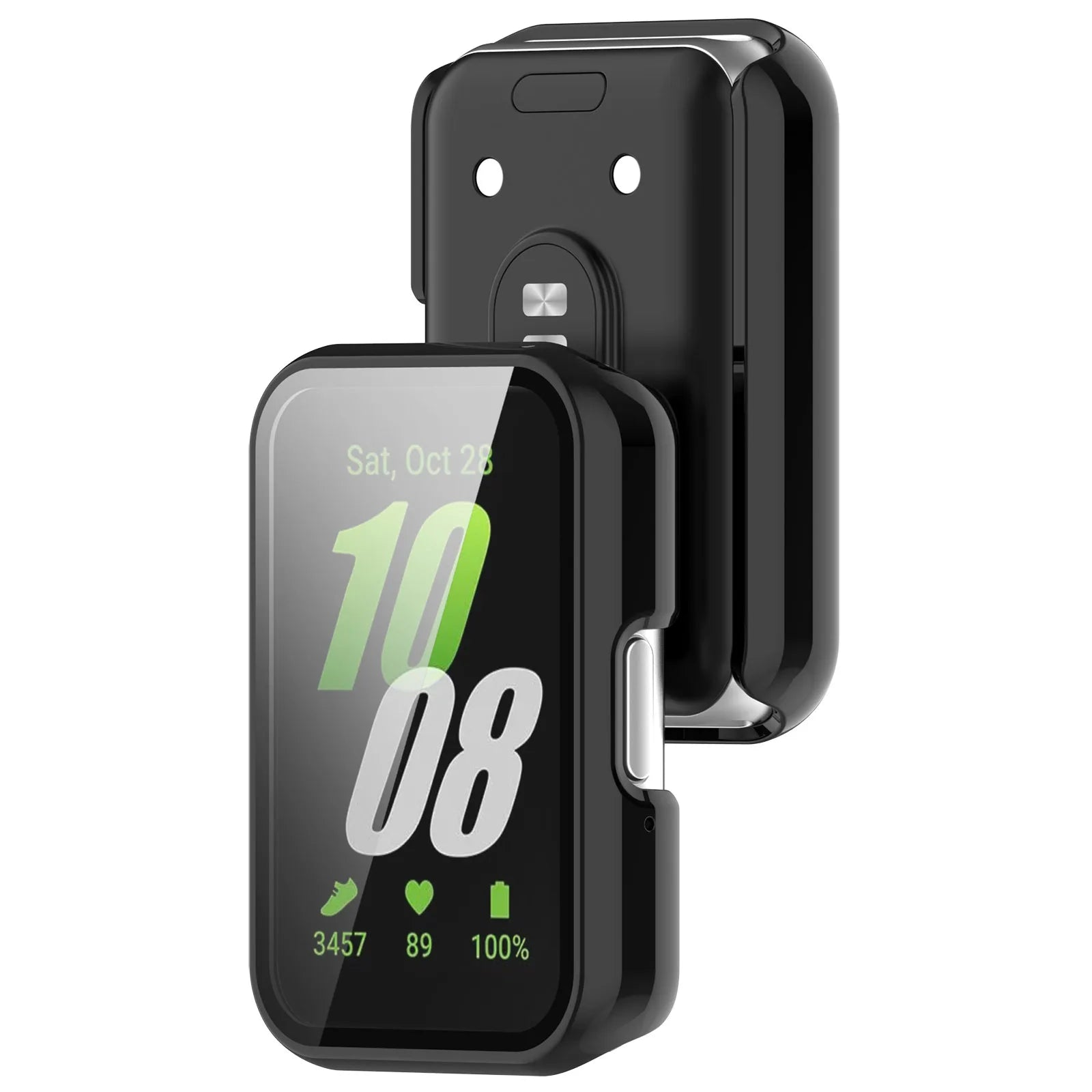 Eine schwarze Smartwatch mit grünem Display, das Zeit, Datum und Gesundheitsmetriken anzeigt, montiert auf einem schwarzen Halter.