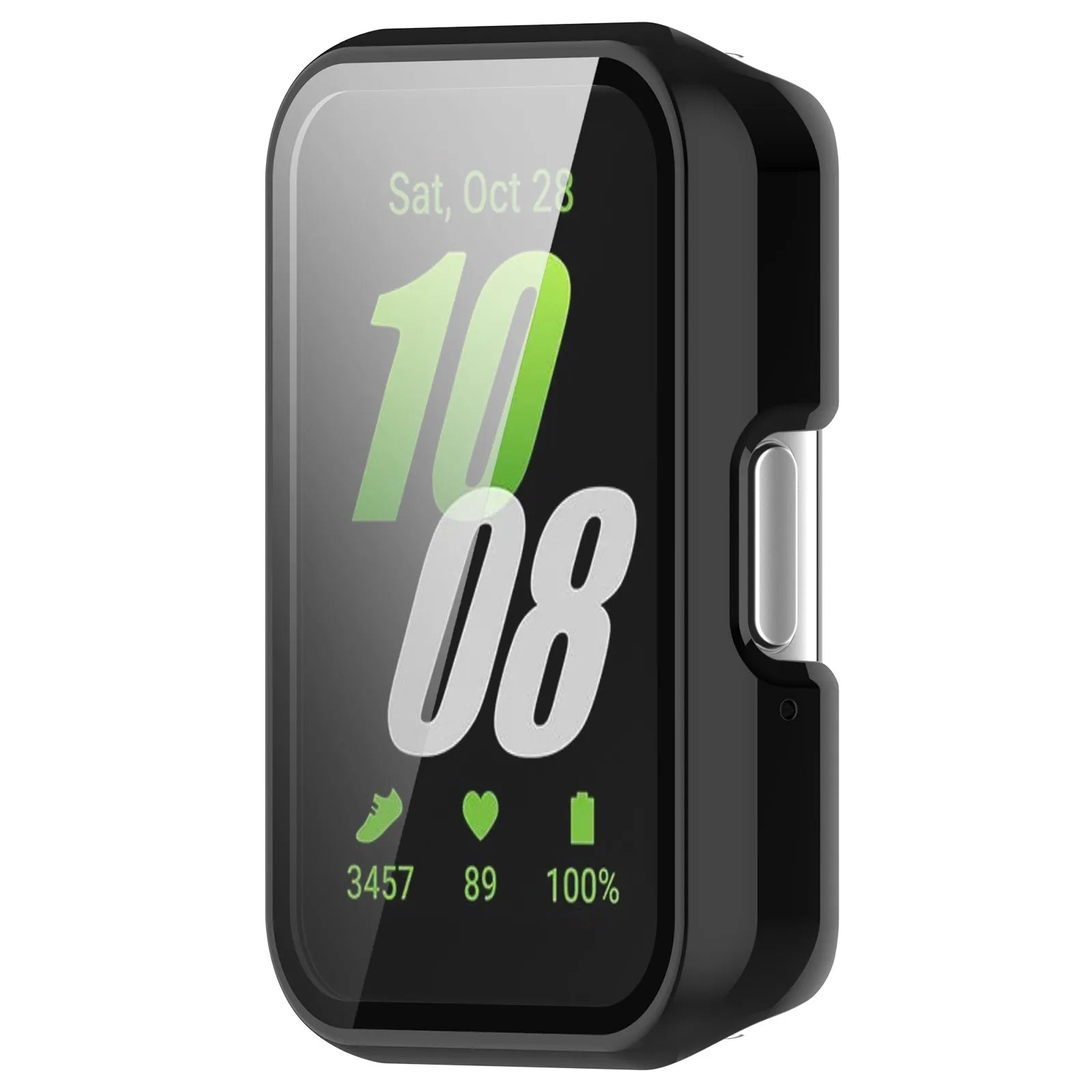 Eine schwarze Smartwatch zeigt 'Sa, 28. Okt., 10:08, 3457 Schritte, 89 Herzfrequenz, 100 % Akku'.