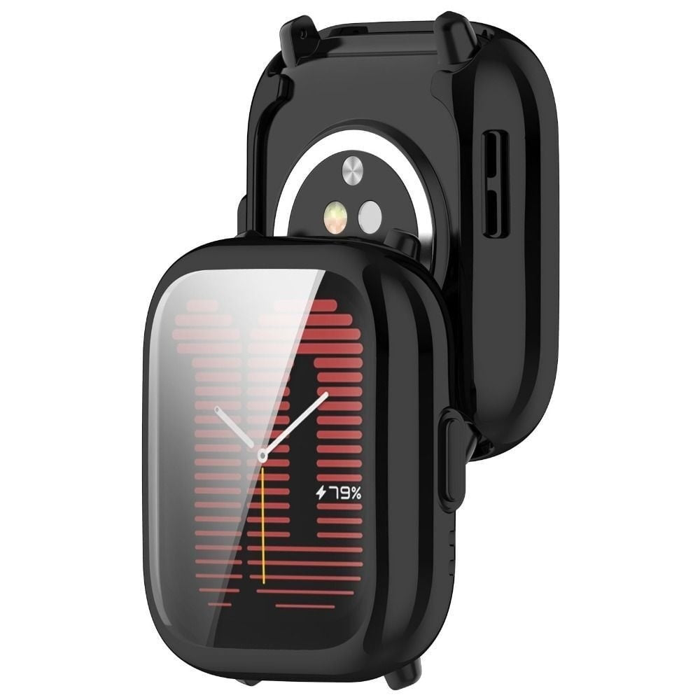 Schwarze Smartwatch mit Bildschirm, der Uhrzeit und Akkuprozentsatz anzeigt. Die Uhr ist teilweise geöffnet.