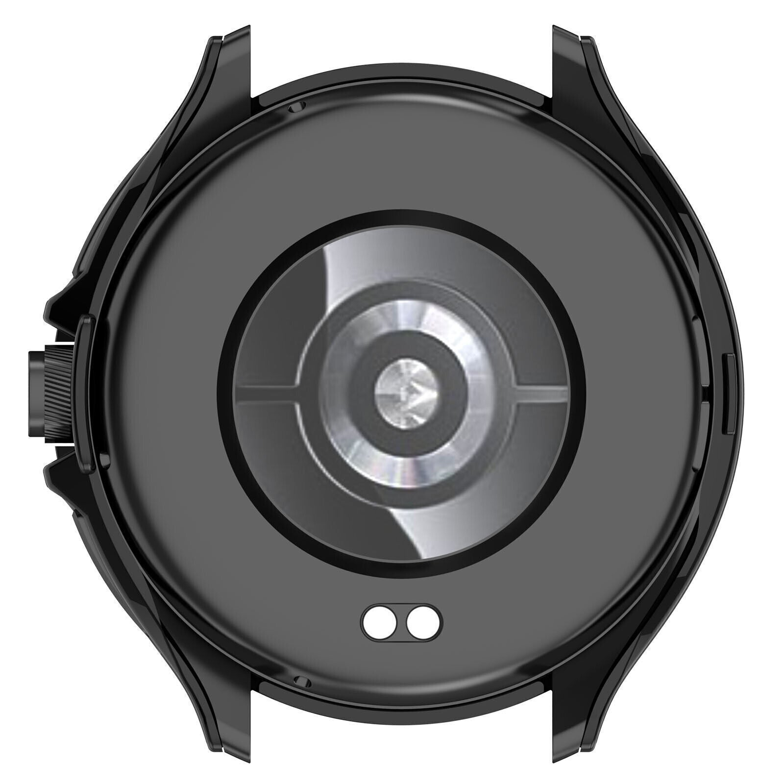 Die Rückseite einer schwarzen Smartwatch ist abgebildet. Unten sind zwei weiße Punkte sichtbar. In der Mitte befindet sich ein kreisförmiger Sensor.
