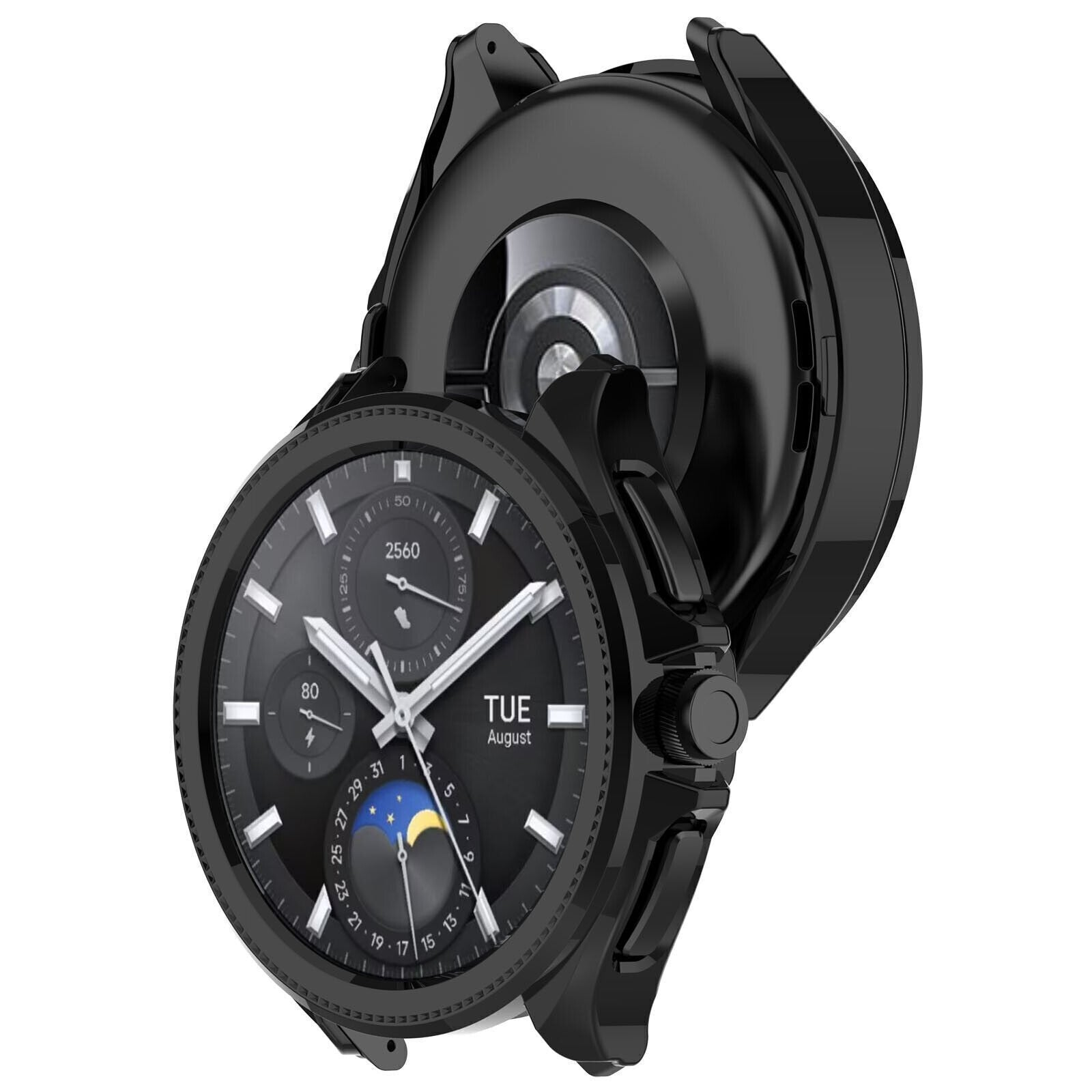 Eine schwarze Smartwatch mit detailliertem Zifferblatt, das Datum, Uhrzeit und andere Metriken anzeigt. Die Uhr ist geöffnet und vom Gehäuse getrennt.