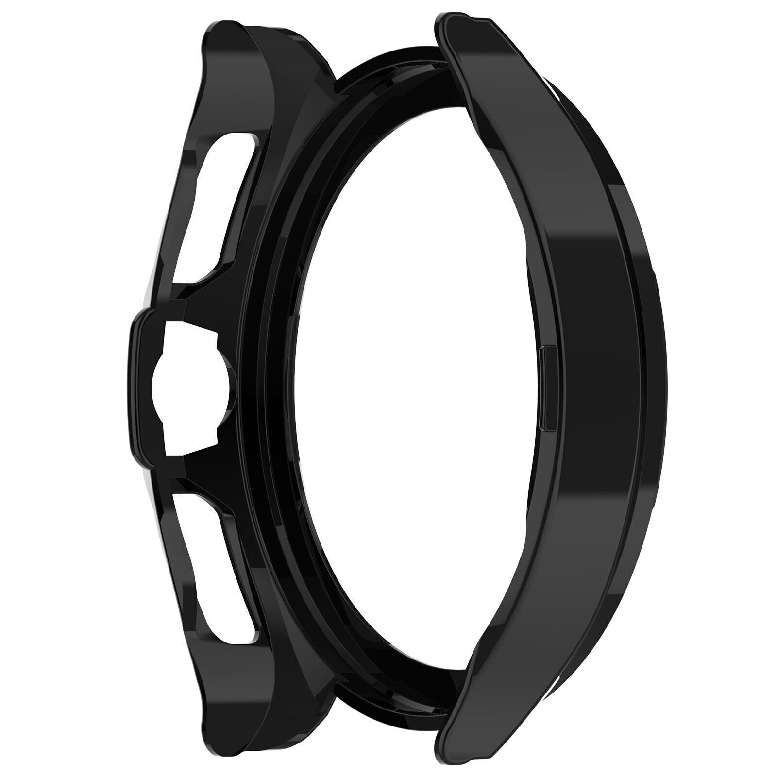 Ein schwarzes Uhrengehäuse mit Schutzblende wird gezeigt. Das Design ist kreisförmig mit Aussparungen und einem glänzenden Finish, vor weißem Hintergrund.
