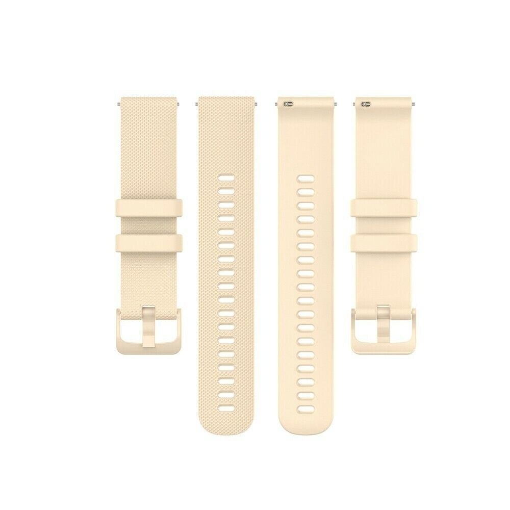 Vier beige Uhrenarmbänder. Zwei Armbänder haben Schnallen, eines mit Löchern. Die anderen beiden haben Schlaufen zum Befestigen, alle auf weißem Hintergrund.