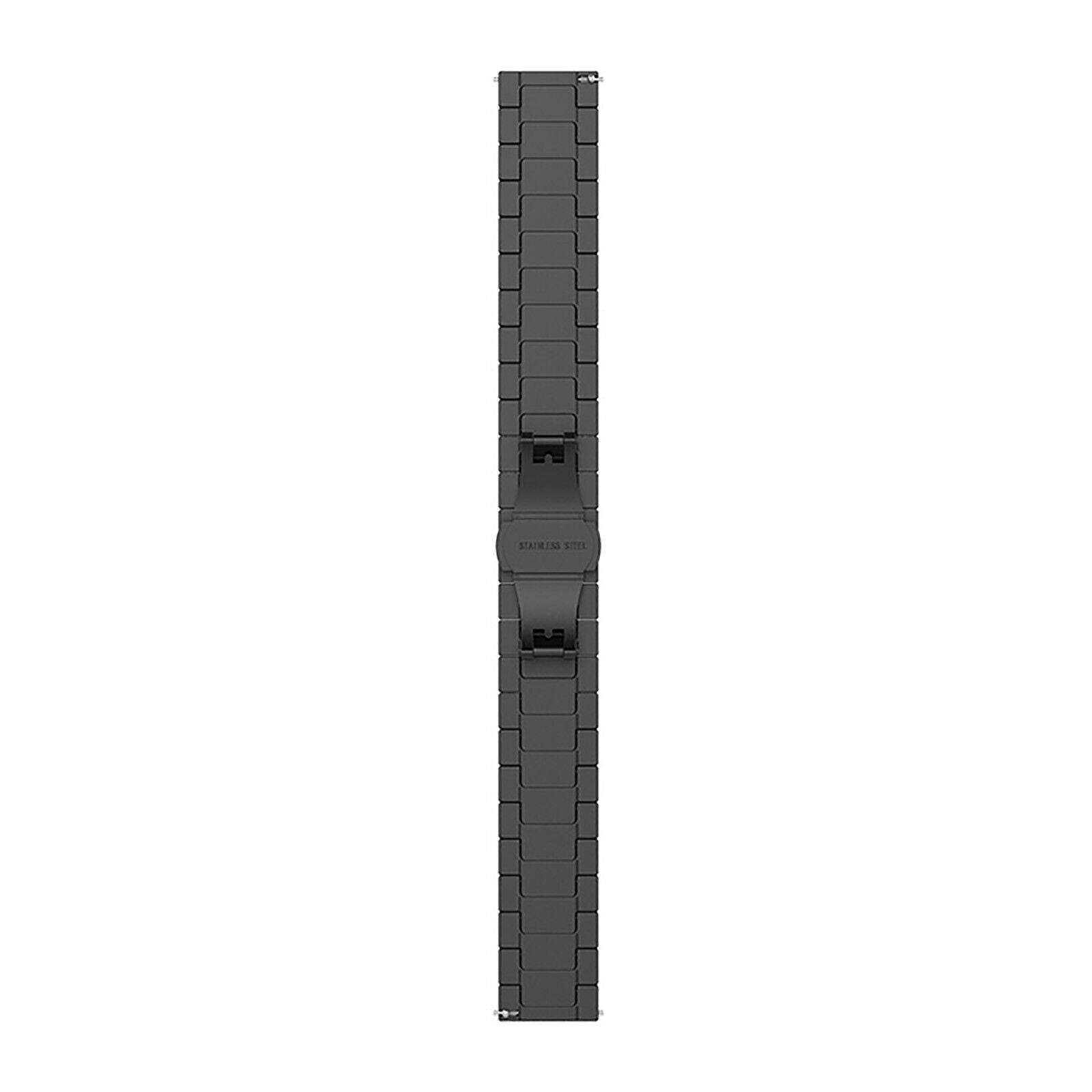 Ein schwarzes Edelstahl-Uhrenarmband ist vor einem weißen Hintergrund zentriert. Das Armband besteht aus verbundenen, rechteckigen Blöcken.
