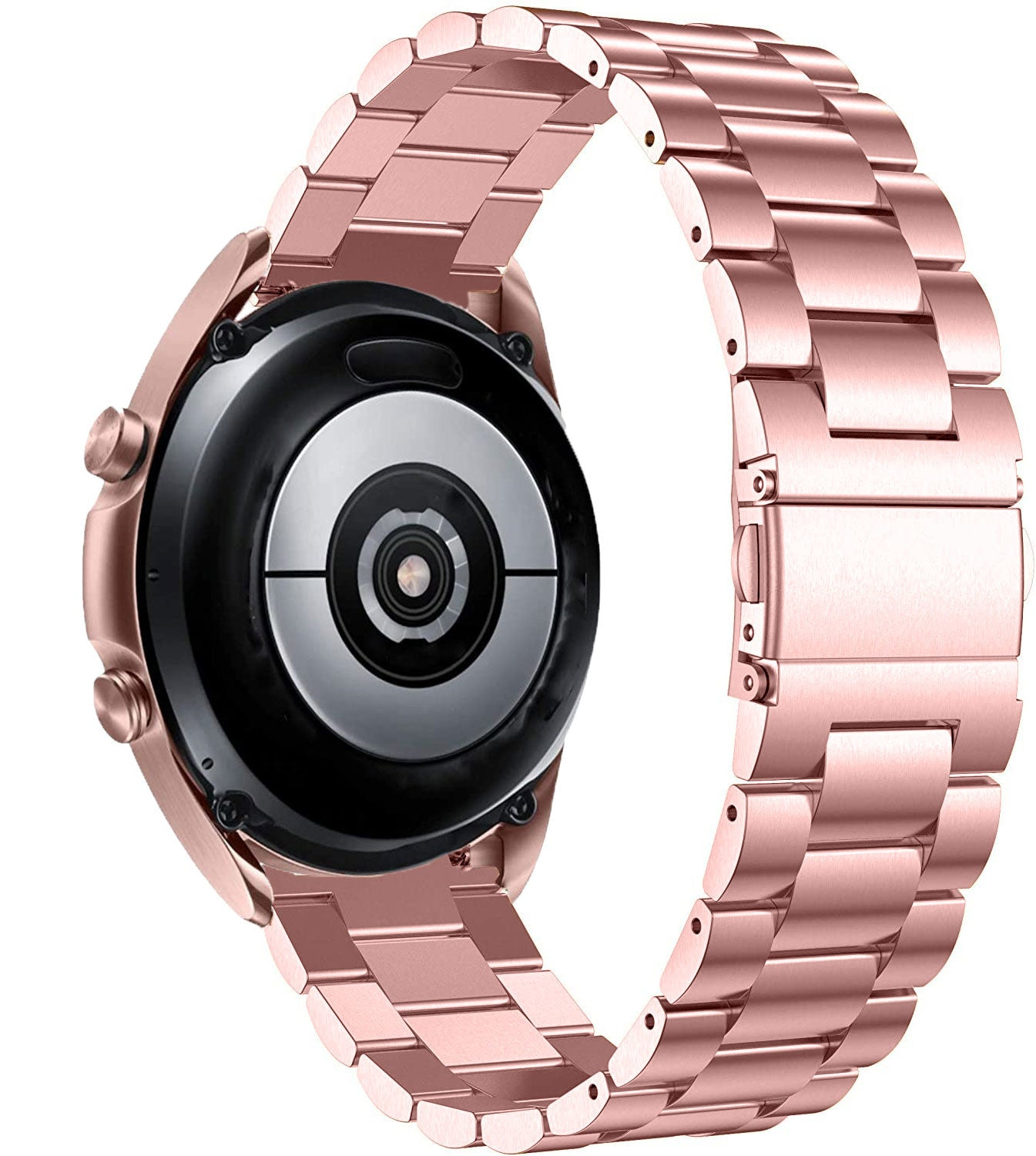 Roségoldene Smartwatch mit Metallarmband. Das Zifferblatt ist schwarz mit silbernen Details. Das Armband ist mit der Uhr verbunden.