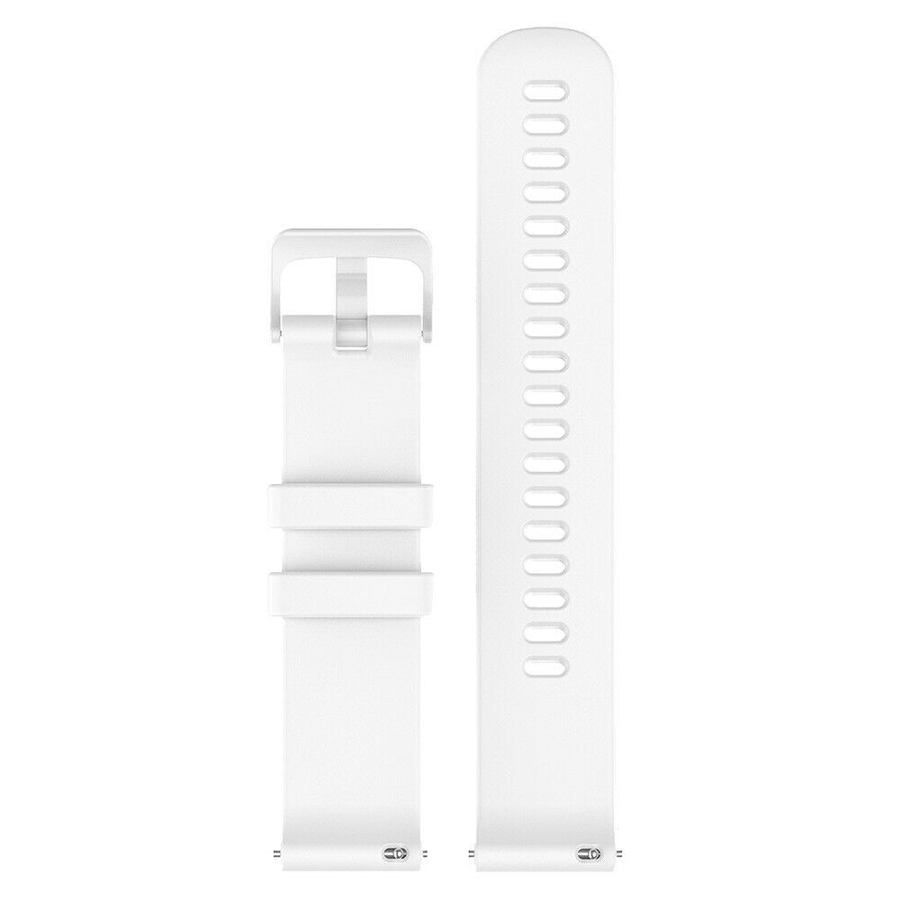 Zwei weiße Uhrenarmbänder. Eines mit Schnalle und Löchern, das andere mit mehreren Löchern. Beide auf weißem Hintergrund.