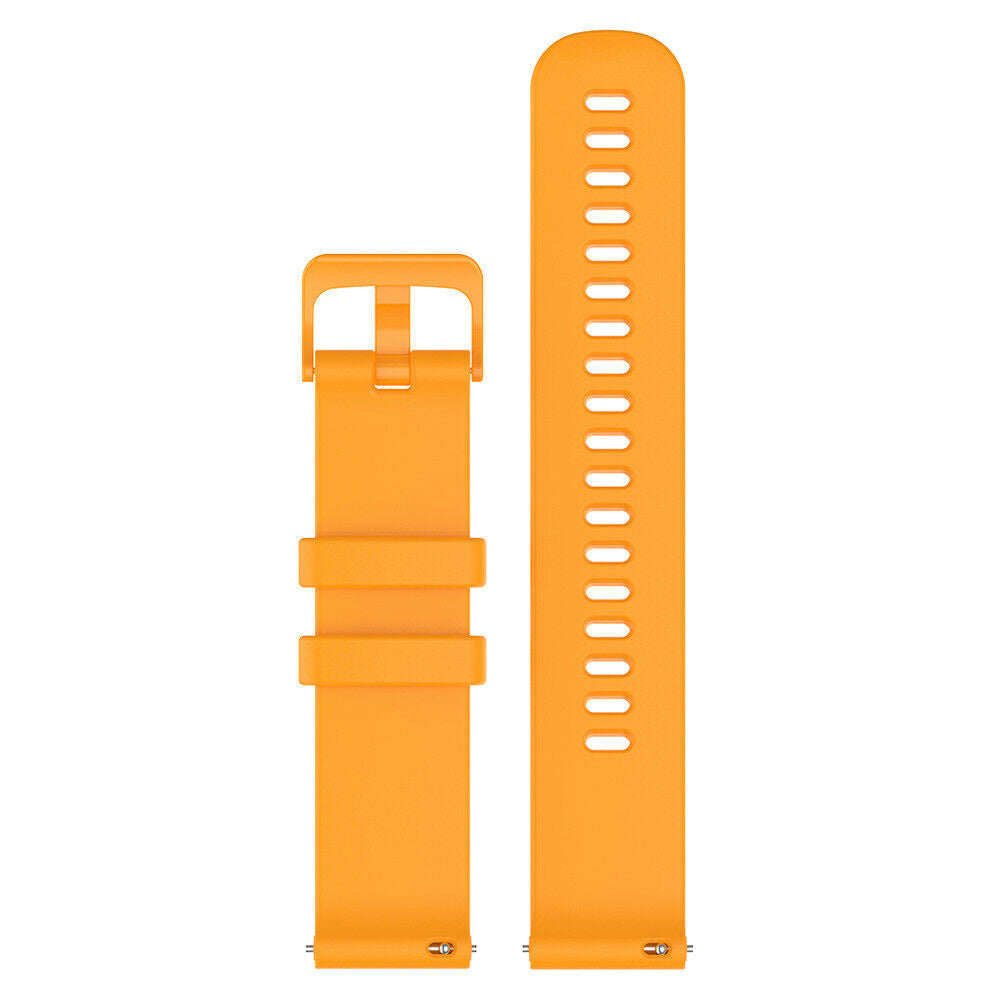 Zwei orangefarbene Uhrenarmbänder werden angezeigt. Das linke Armband hat eine Schnalle, das rechte Löcher zur Verstellung. Beide auf weißem Hintergrund.
